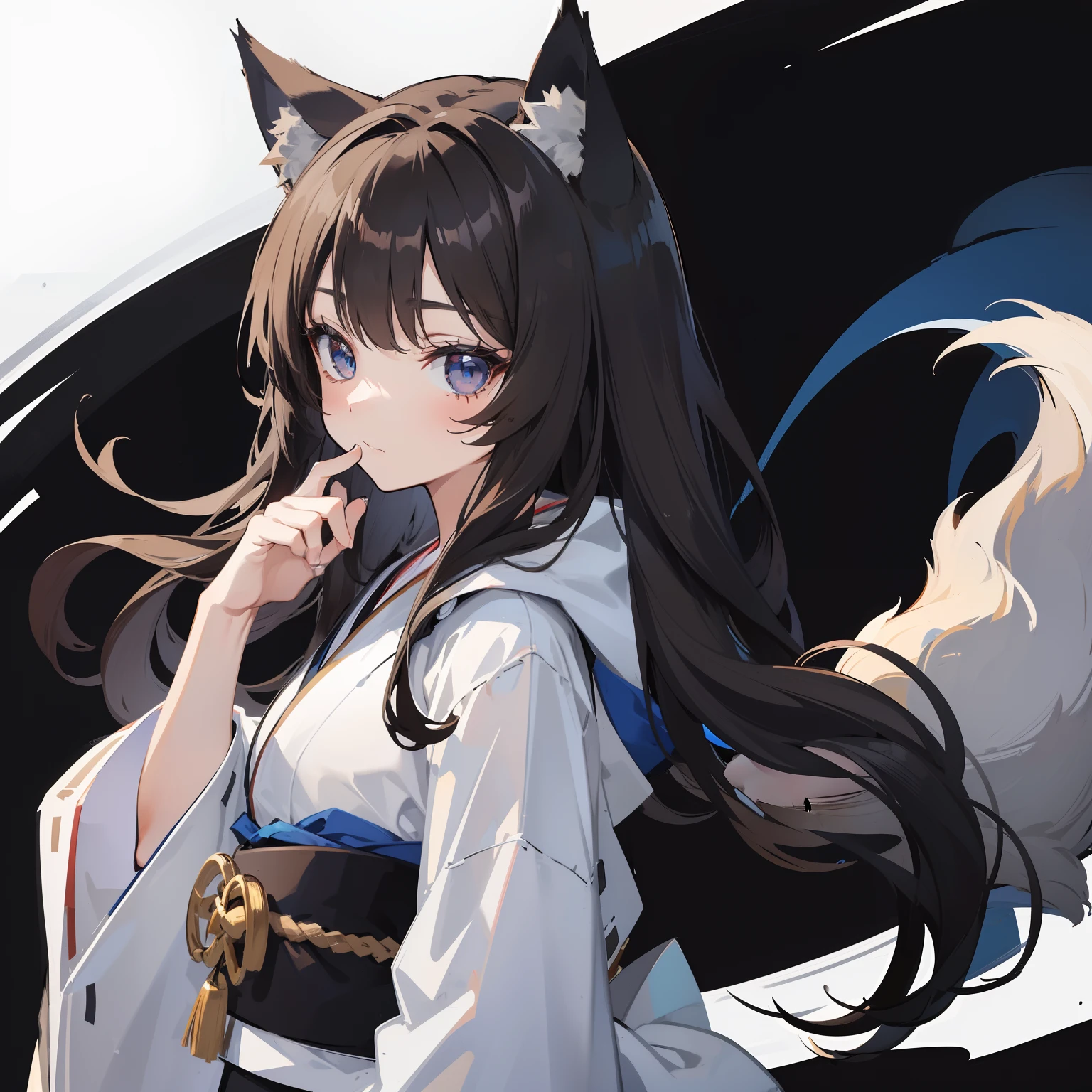 (sketch drawing), (1girl), (wolf girl), (), (wolf ears), (wolf tail), (without emotion), (dark blue eyes), (brown hair), (long hair), (white kimono), (black background:1.2),