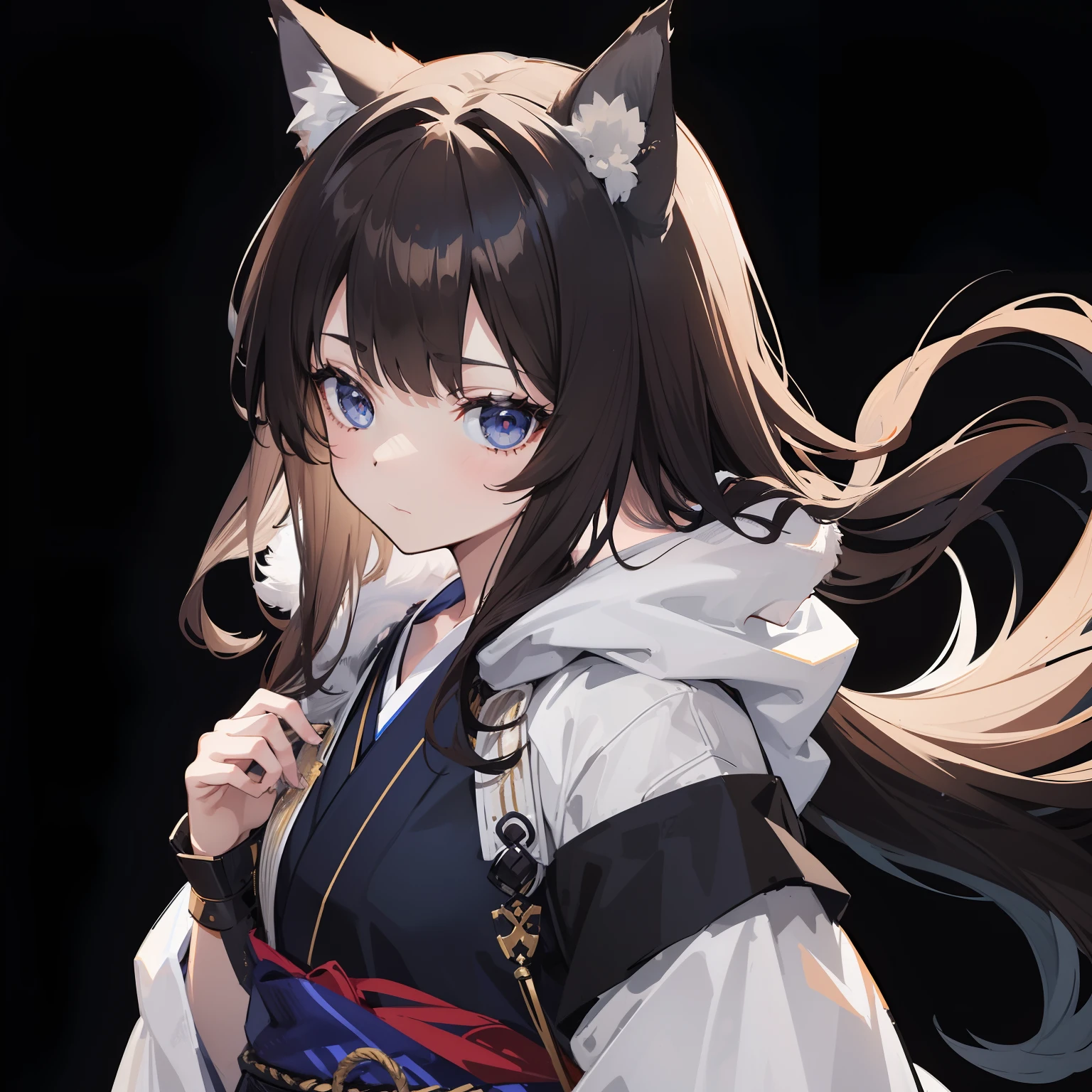 (sketch drawing), (1girl), (wolf girl), (), (wolf ears), (wolf tail), (without emotion), (dark blue eyes), (brown hair), (long hair), (white kimono), (black background:1.2),