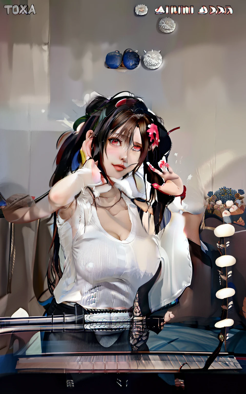 There is a girl in a white shirt and skirt on the phone, an anime drawing inspired by Ayami Kojima, trending on pixiv, tachisme, Realistic anime 3 D style, 3 d anime realistic, Anime waifu, Realistic anime, anime cgi style, vrchat, live2d virtual youtuber model, Anime girl in real life, 3d anime girl,super Big huge tits，facing to audience，exposed。
