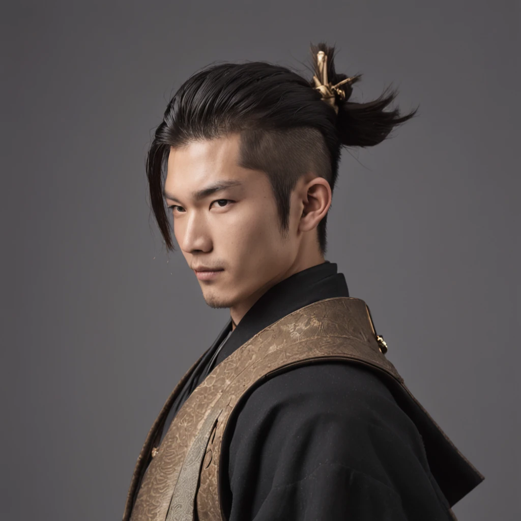 Profile of a 23-year-old Japanese man, Handsome, sexy, Feliz , samurai, penteado samurai --auto