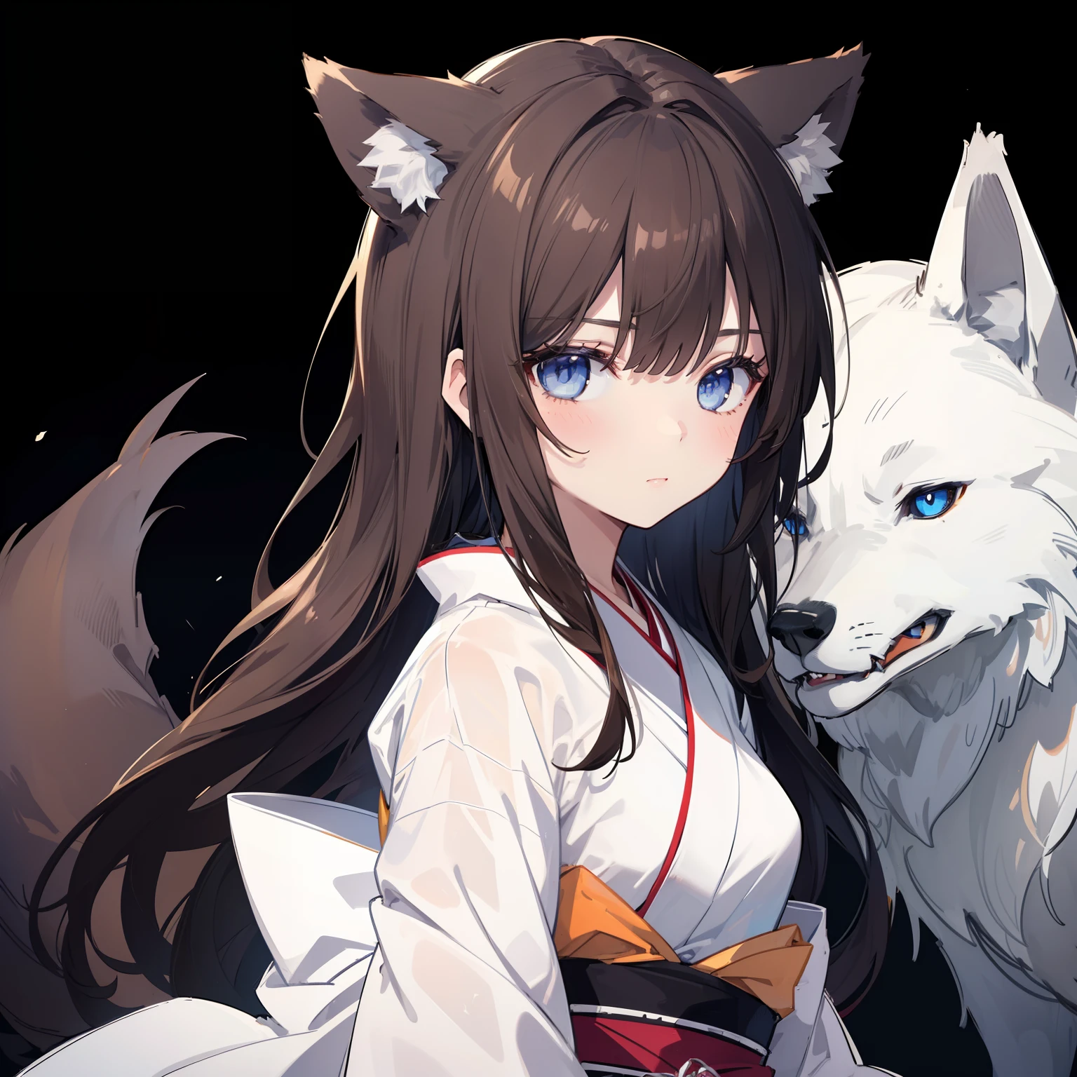 (sketch drawing), (1girl), (wolf girl), (), (wolf ears), (wolf tail), (without emotion), (dark blue eyes), (brown hair), (long hair), (white kimono), (black background:1.2),
