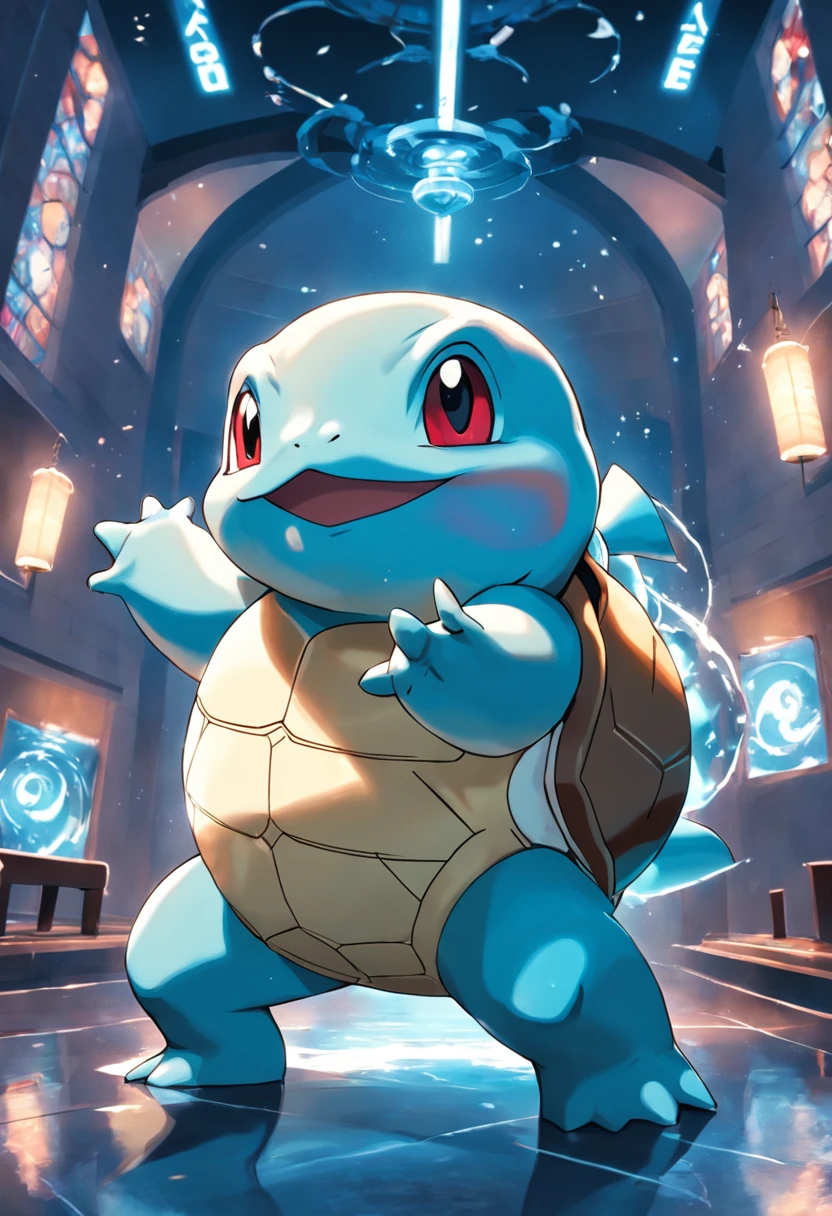 Um Squirtle fazendo poses de fisiculturismo em uma academia.