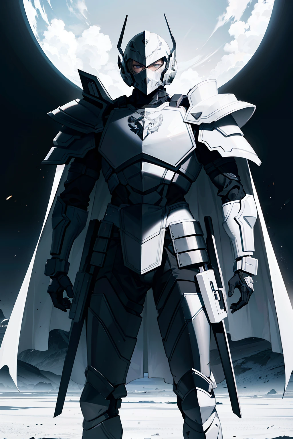 muscular man, wearing black and white sci-fi armor, (black armor plating), white cape, black and white helmet, cannon on his shoulder, standing in a desert