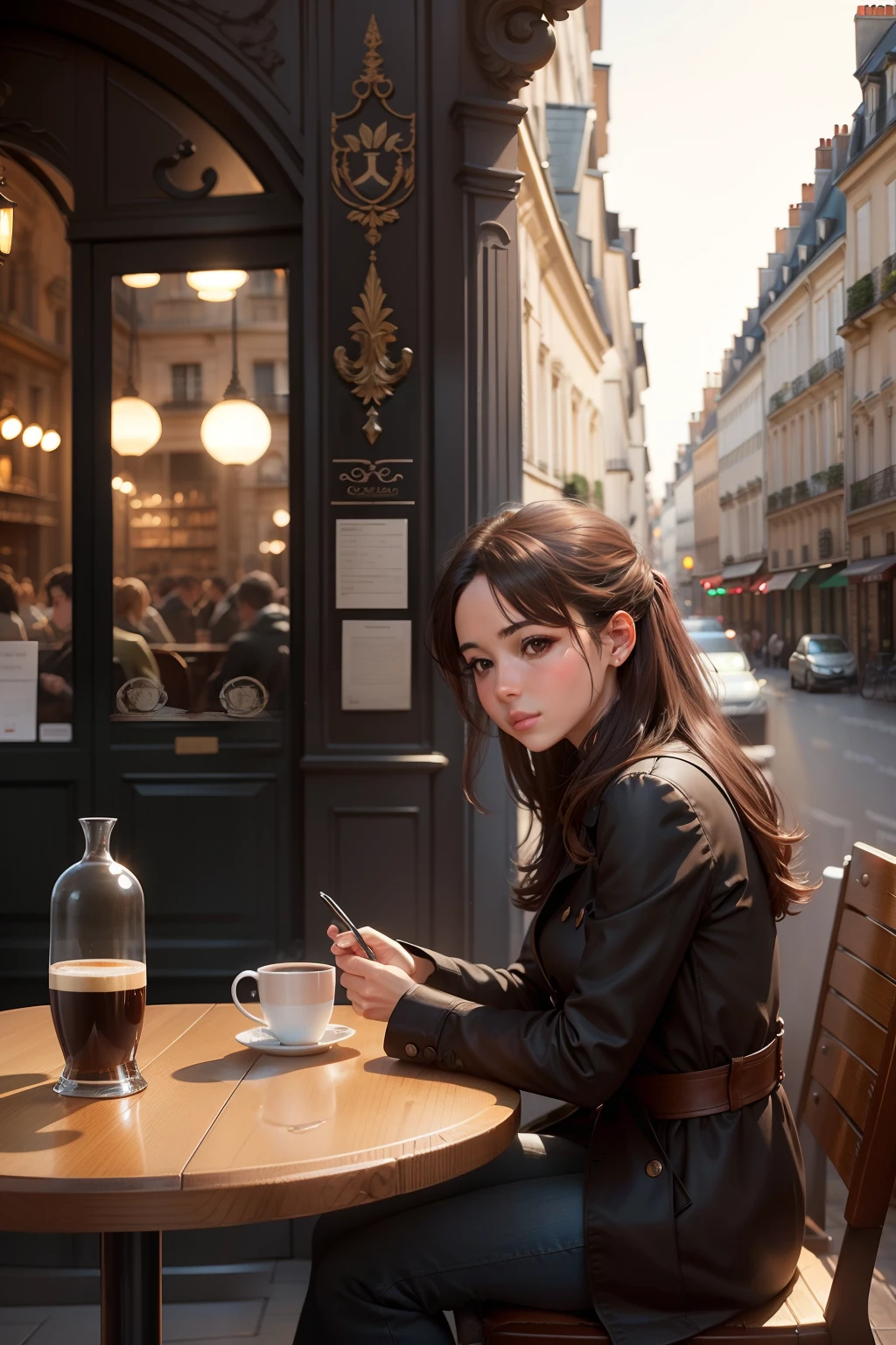 Draw a scene of a Parisian café with a cup of coffee.
