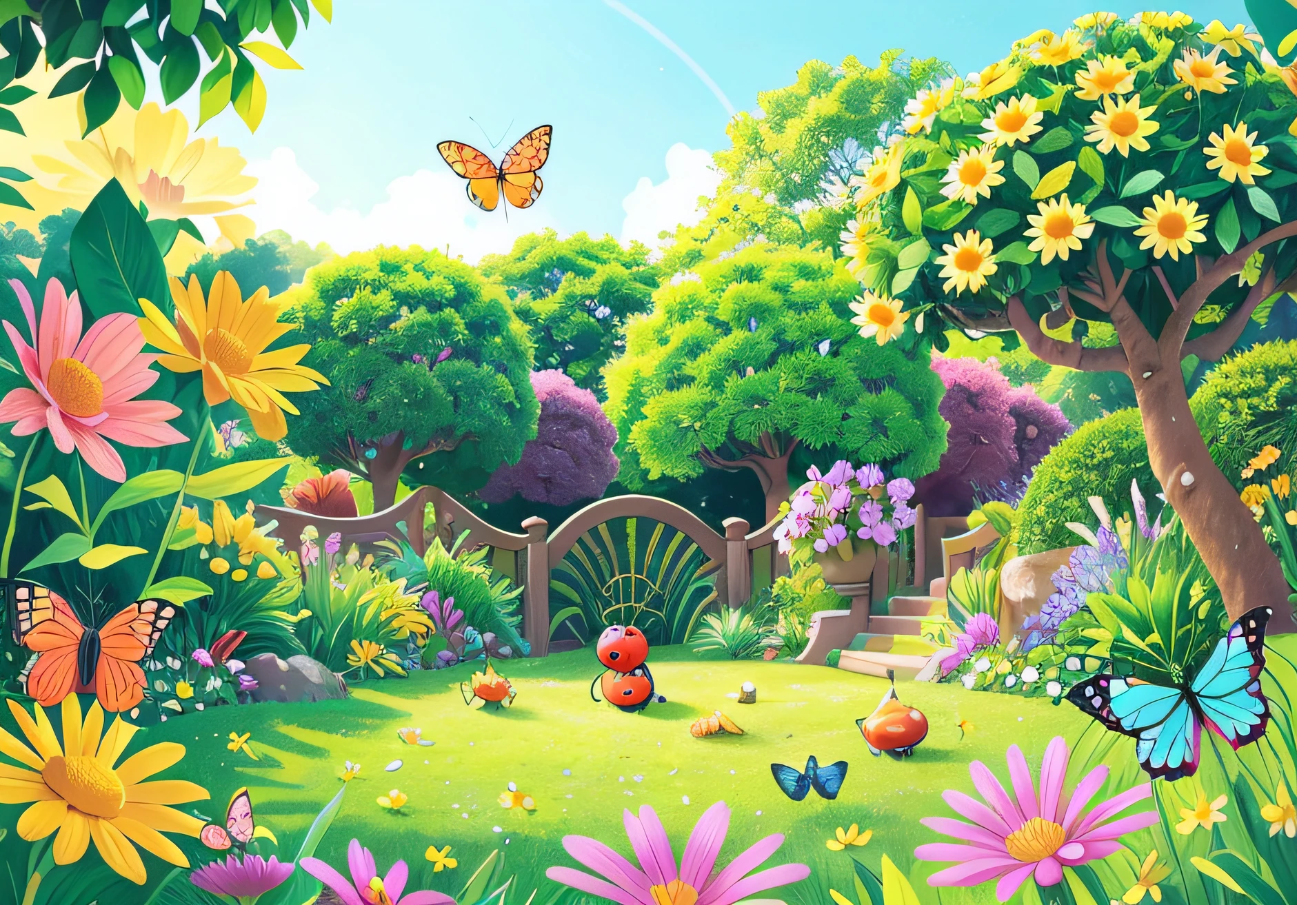 A vibrant garden adjacent to a blossoming grove, teeming with colorful flowers and lush plants. Delicate butterflies gracefully flutter through the air, accompanied by the presence of a ladybug, ant, and cricket. The scene unfolds on a well-maintained lawn, with a magnificent and prominently featured Daisy flower in the background.