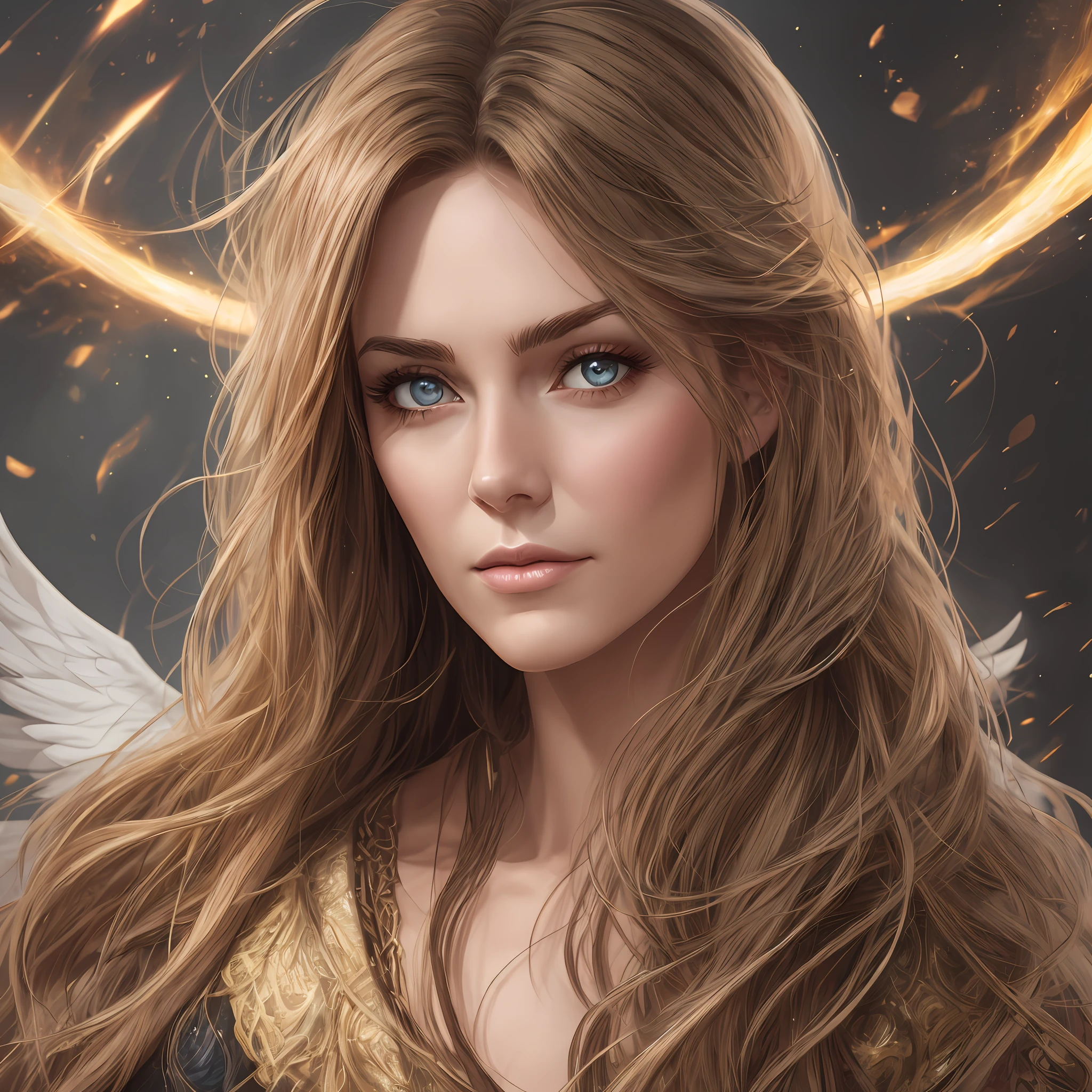 women mid age powerful and wizard, only face, hair ligth brown and eyes brown, photorealistic, long hair, angelical face, 8k, --auto --s2