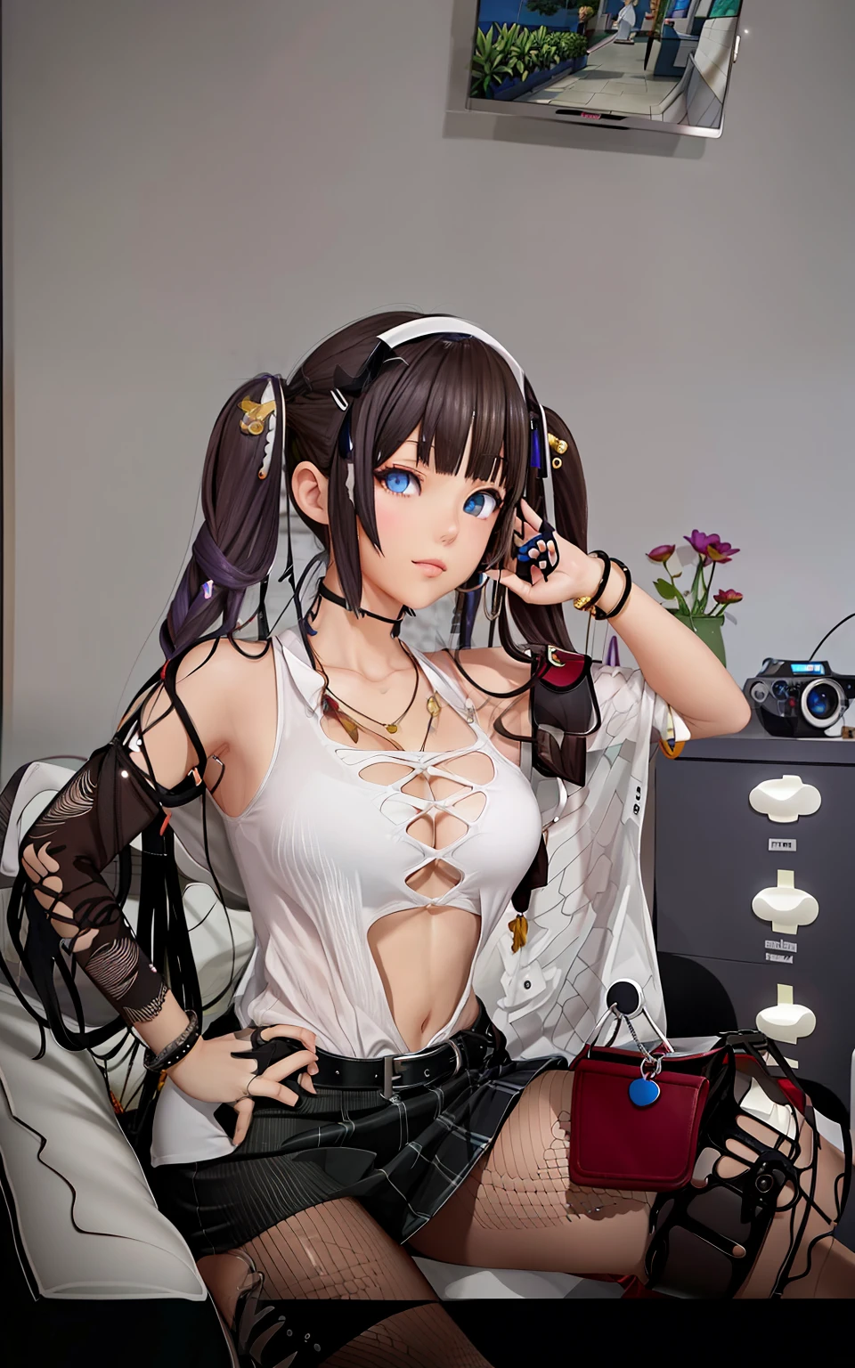 There was a girl in a white shirt and skirt, an anime drawing inspired by Ayami Kojima, trending on pixiv, tachisme, Realistic anime 3 D style, 3 d anime realistic, Anime waifu, Realistic anime, anime cgi style, vrchat, live2d virtual youtuber model, Anime girl in real life, 3d anime girl,super Big huge tits,facing to audience,exposed。
