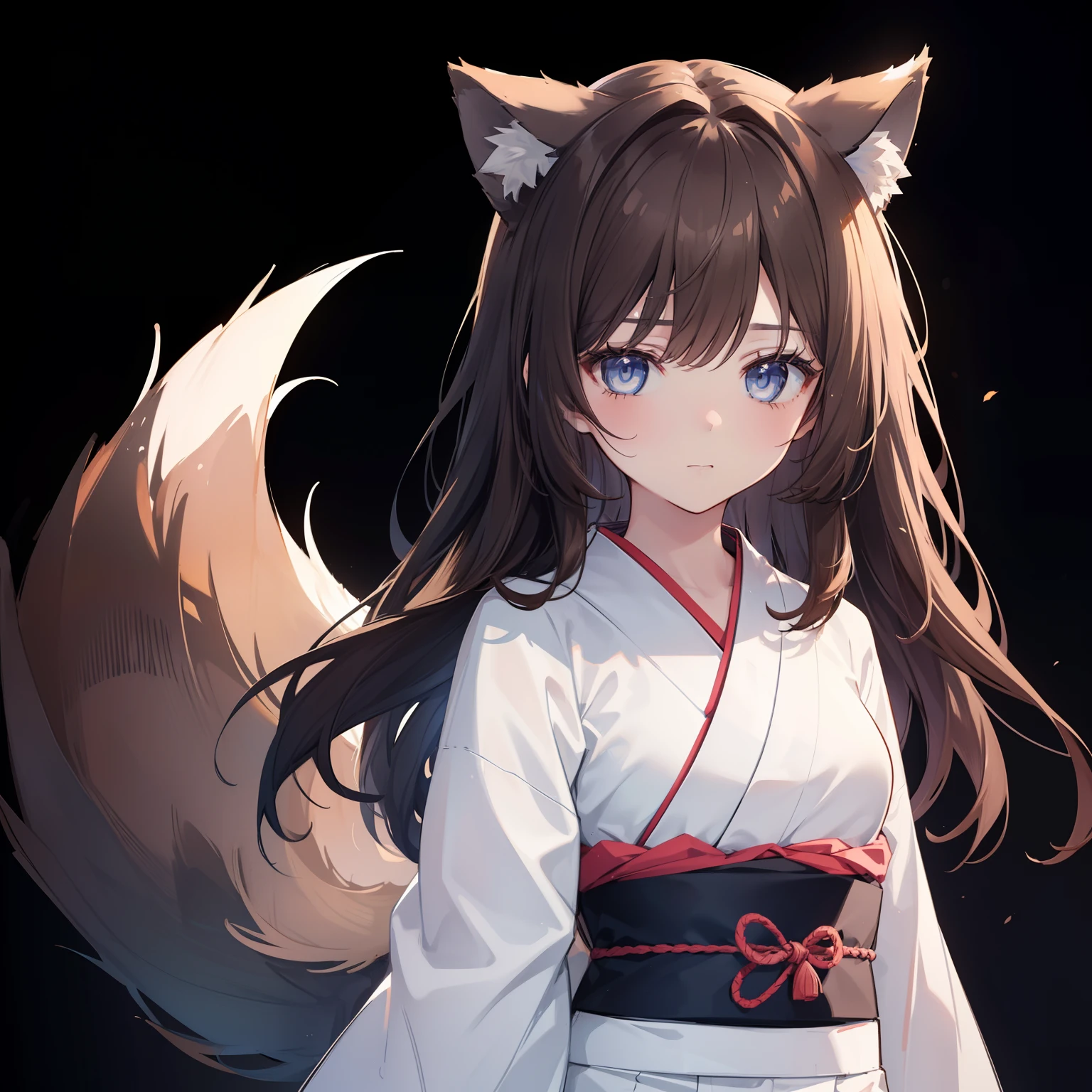 (sketch drawing), (1girl), (wolf girl), (teen), (wolf ears), (wolf tail), (without emotion), (dark blue eyes), (brown hair), (long hair), (white kimono), (black background:1.2),