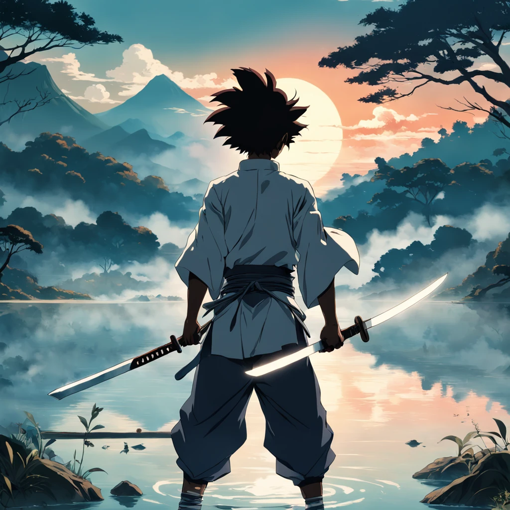a dynamic illustration of the Afro Samurai holding his legendary katana sword in front of a serene lake, com um estilo vibrante e detalhado.