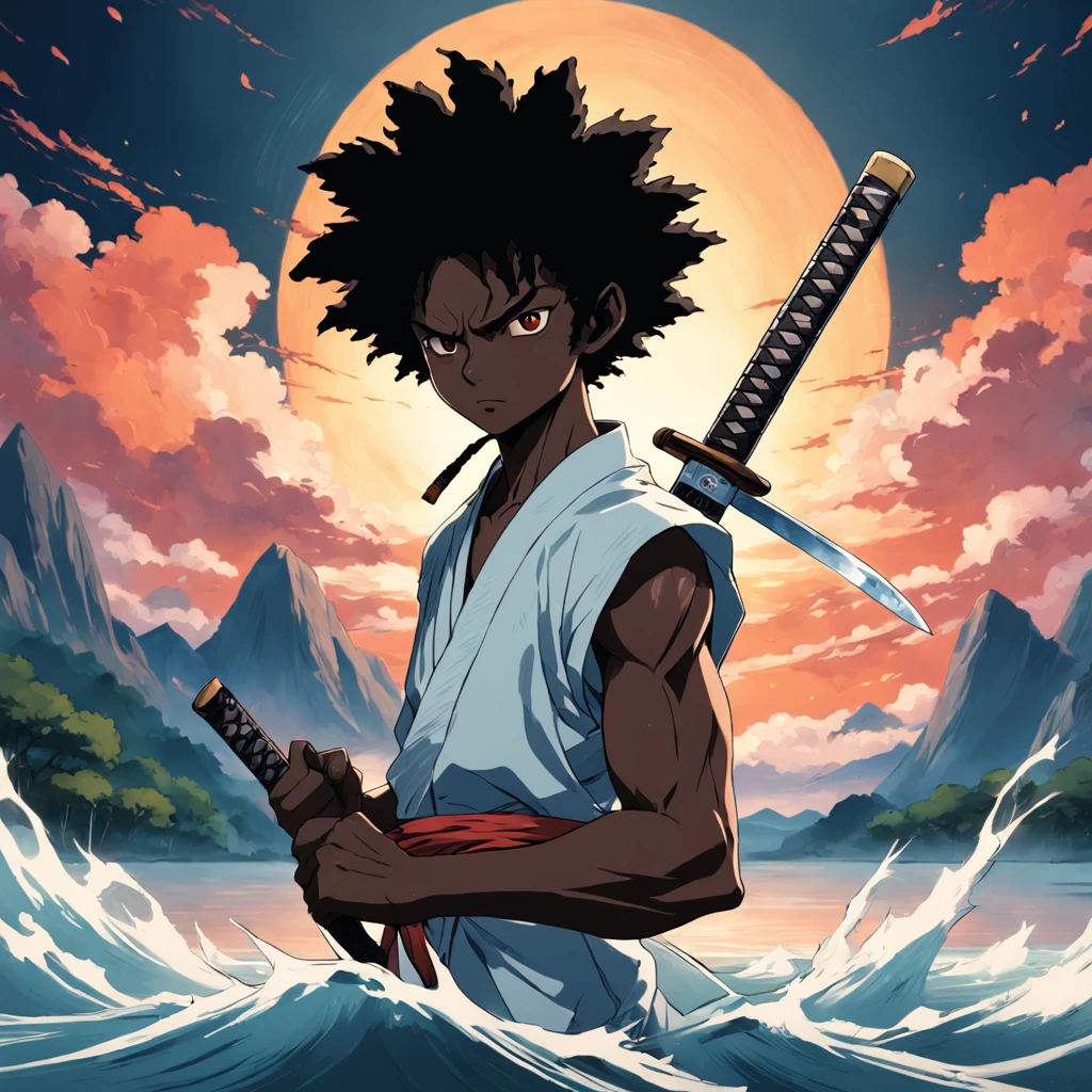 a dynamic illustration of the Afro Samurai holding his legendary katana sword in front of a serene lake, com um estilo vibrante e detalhado.