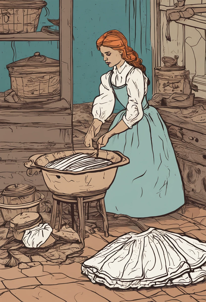 Crie uma cena da vida cotidiana de Cinderela, with her sweeping the floors and washing clothes.
Detail Cinderella's hands calloused by hard work and her determined face.
It shows the half-sisters relaxing while Cinderella works, highlighting the difference in their lives.