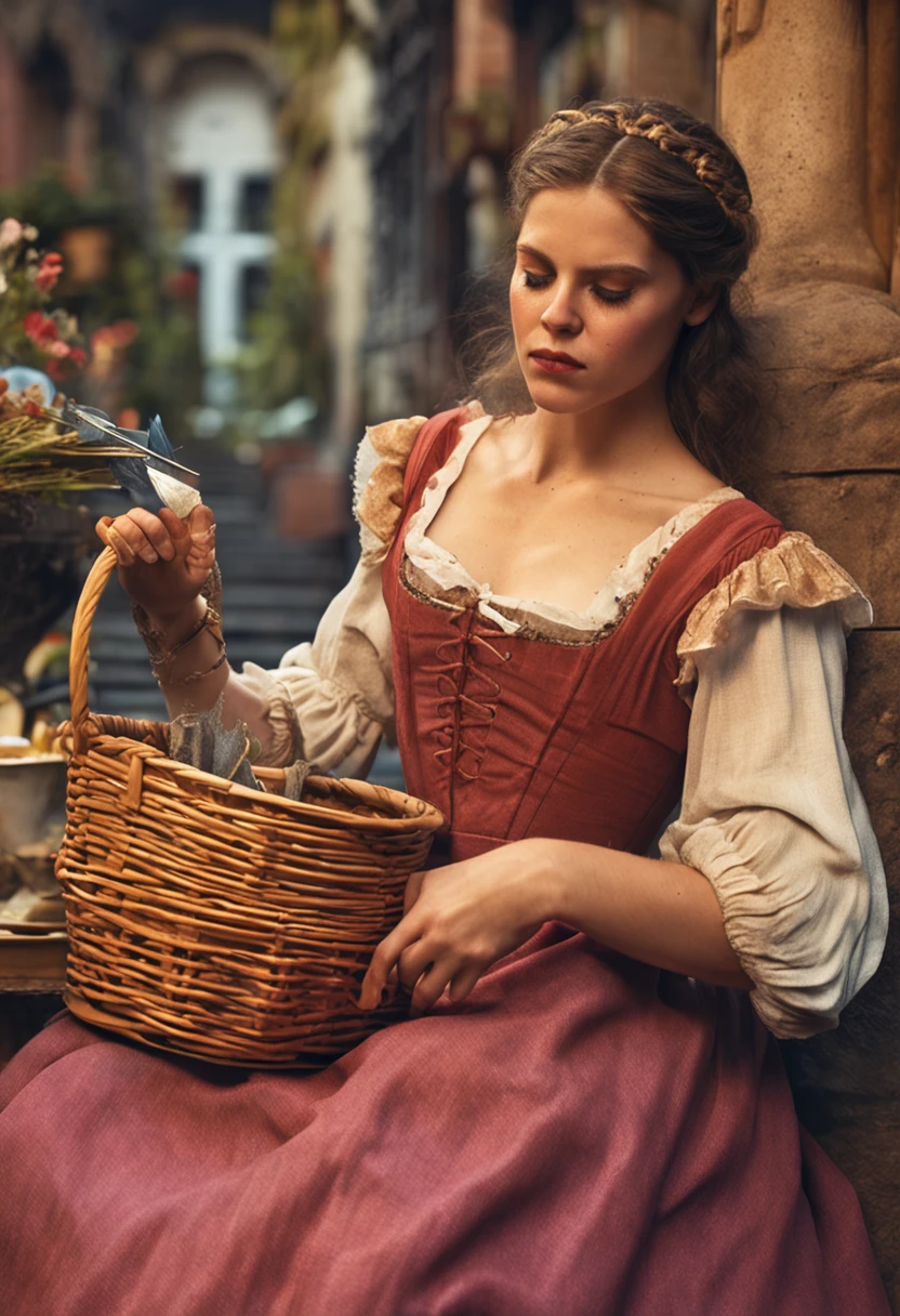 Crie uma cena da vida cotidiana de Cinderela, with her sweeping the floors and washing clothes.
Detail Cinderella's hands calloused by hard work and her determined face.
It shows the half-sisters relaxing while Cinderella works, highlighting the difference in their lives.