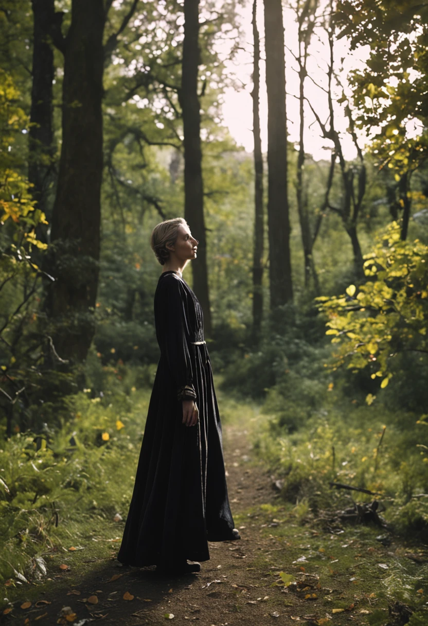 a young woman dressed in black and with blue eyes appears in a village