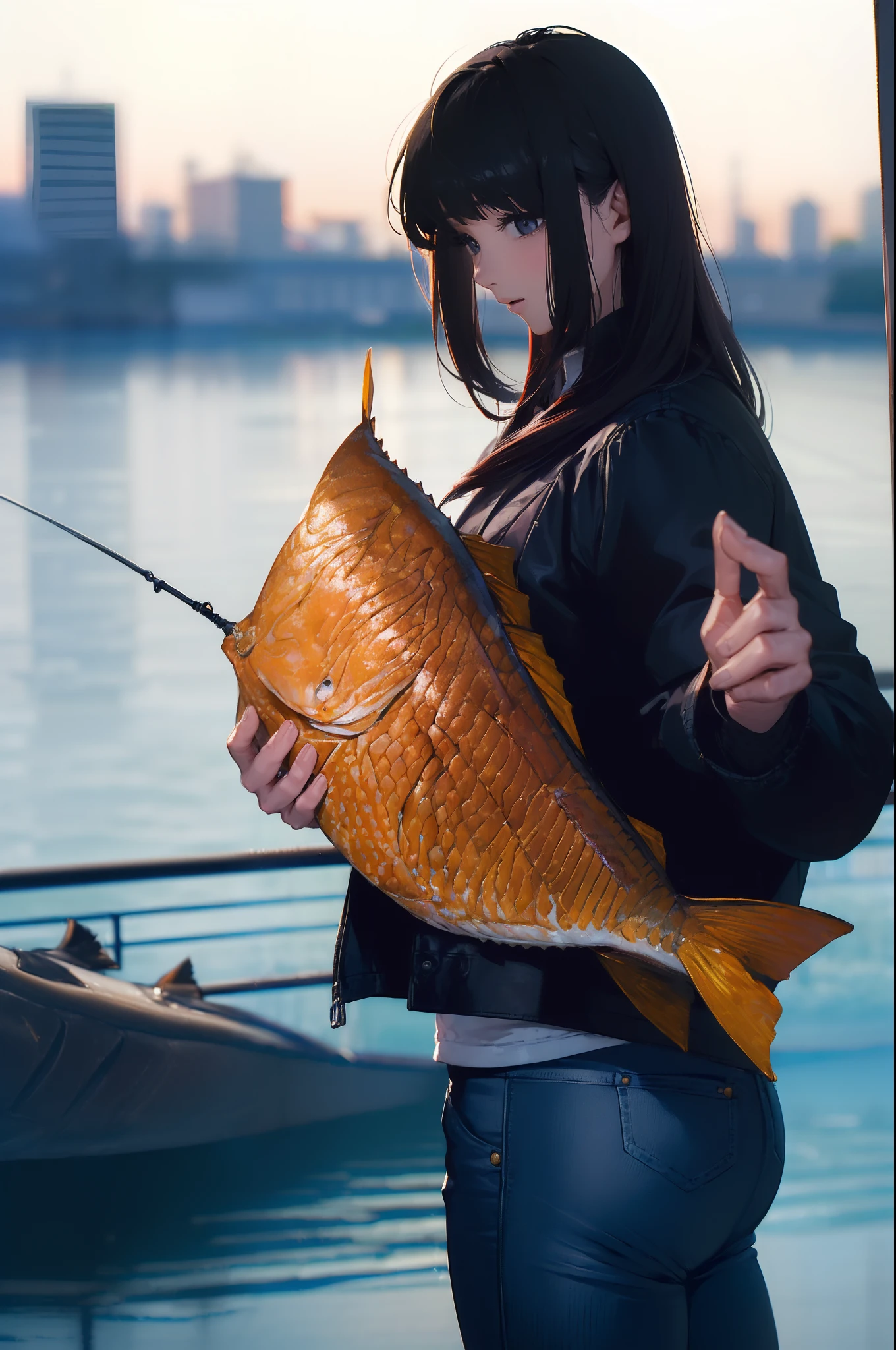 ((((Catching a big fish by the lakeside:1.5)))),((Female 28 years old)),((Best Quality:1.5)),(((Hands with the correct number and structure of fingers:1.4))),((Big fish:1.37)),hight resolution,ultra-detailliert,masterpiece,best qualtiy,Eight-headed body,Black hair, long eyeslashes, Solid Circle Eyes, drop shadow, Atmospheric perspective,Super Detail, ccurate, small brest,(Black jacket and jeans :1.1),top-quality, blurry backround, bokeh dof:1.2, (masterpiece:1.3), Atmospheric perspective,Super Detail,dynamic compositions,top-quality、Very beautiful CG、finely detail、