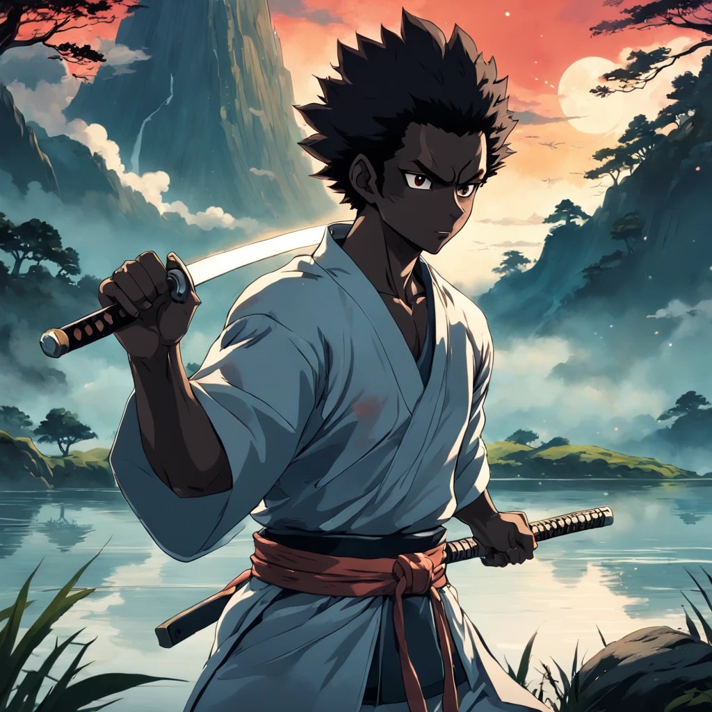 a dynamic illustration of the Afro Samurai holding his legendary katana sword in front of a serene lake, com um estilo vibrante e detalhado.