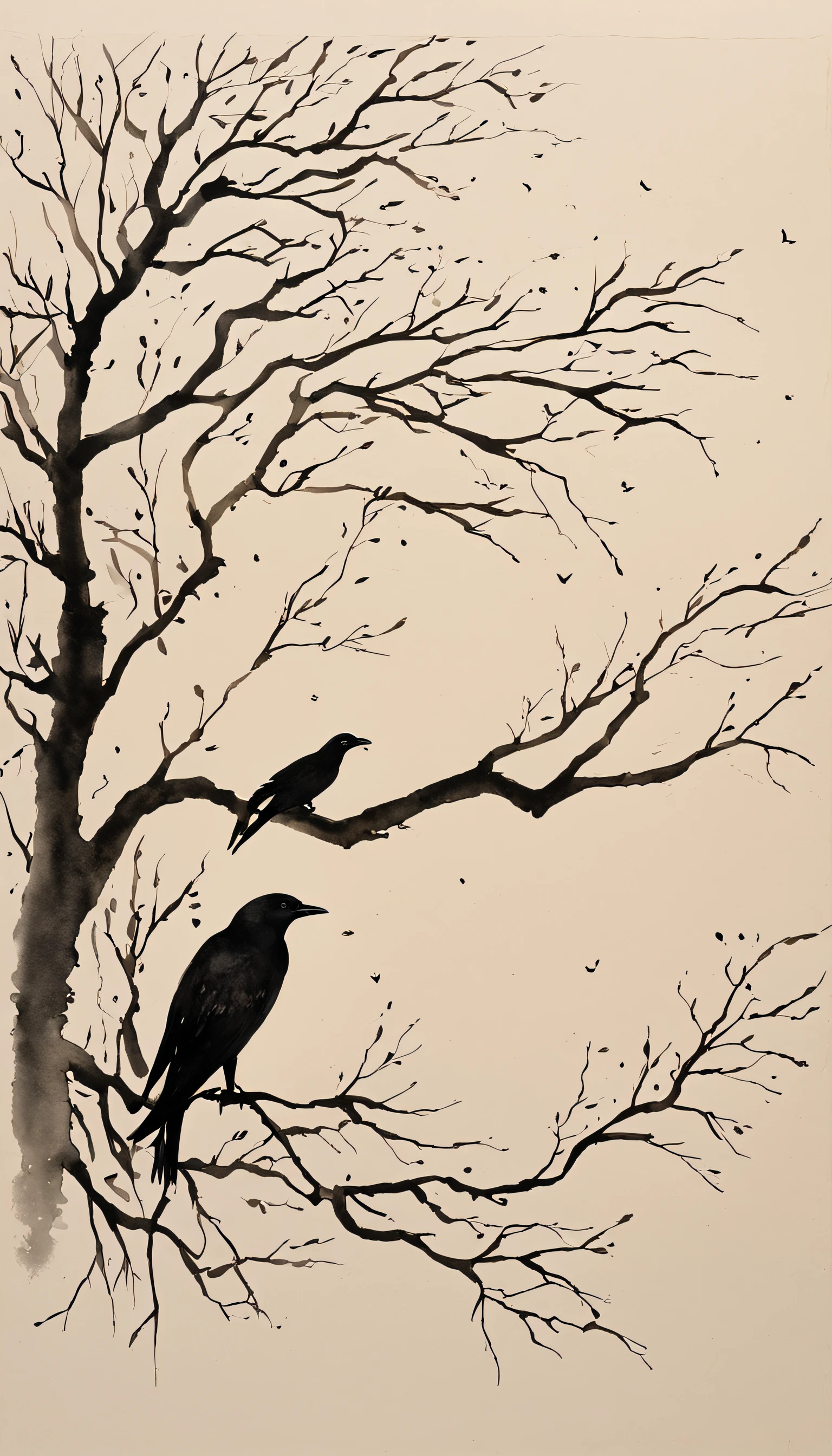 "uma cena hipnotizante de graciosos corvos negros empoleirados em galhos nus, casting a captivating silhouette under the pale, moonlit sky."