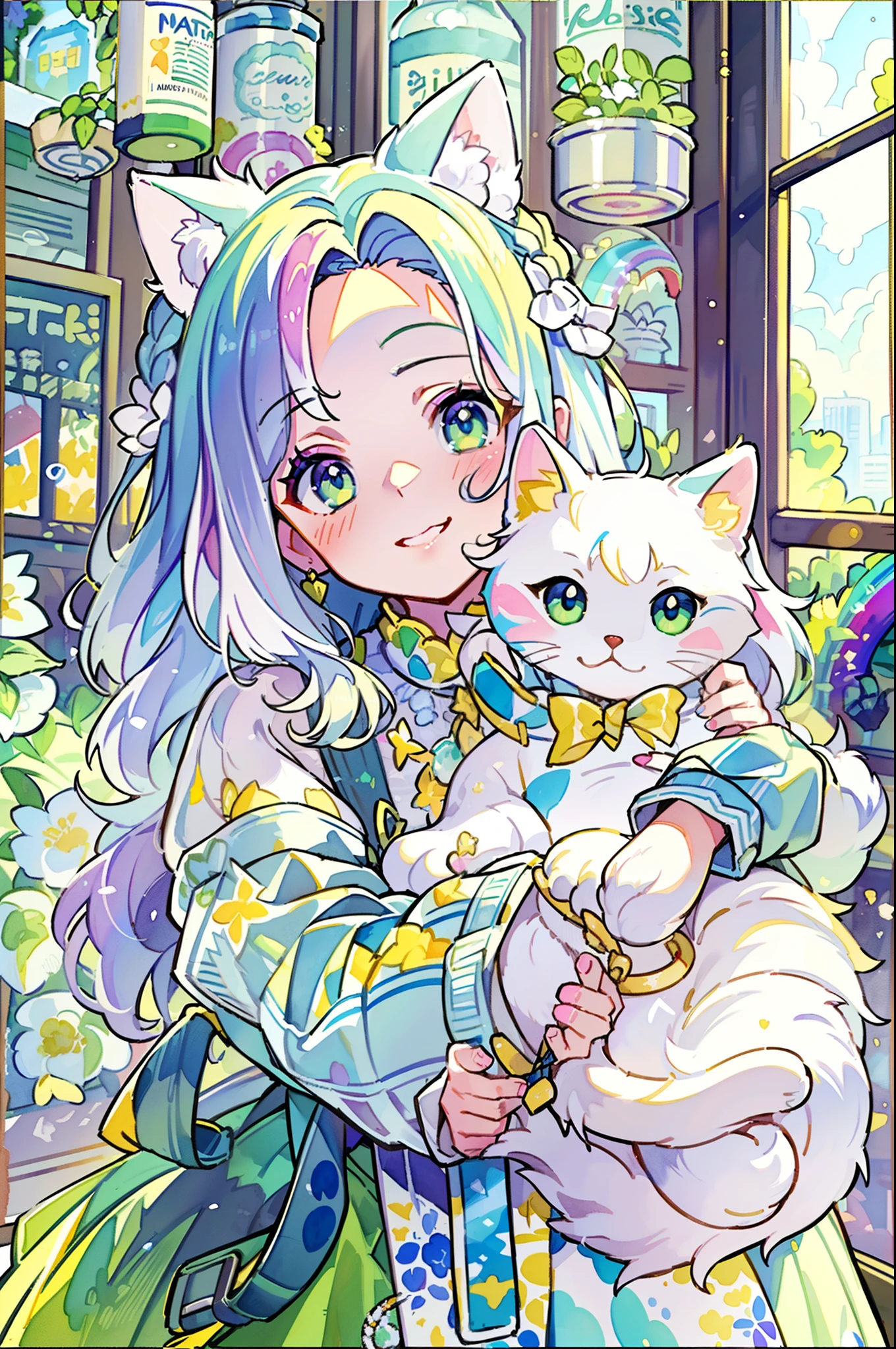 ((Best quality1.2))、((Masterpiece 1.2))、watercolor paiting、((Fashionable clothes))、((Take a cute cat 1.5))、white colors((rainbow-colored hair))