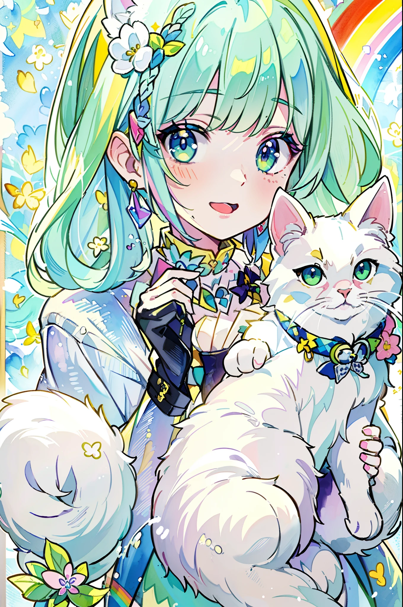 ((Best quality1.2))、((Masterpiece 1.2))、watercolor paiting、((Fashionable clothes))、((Take a cute cat 1.5))、white colors((rainbow-colored hair))