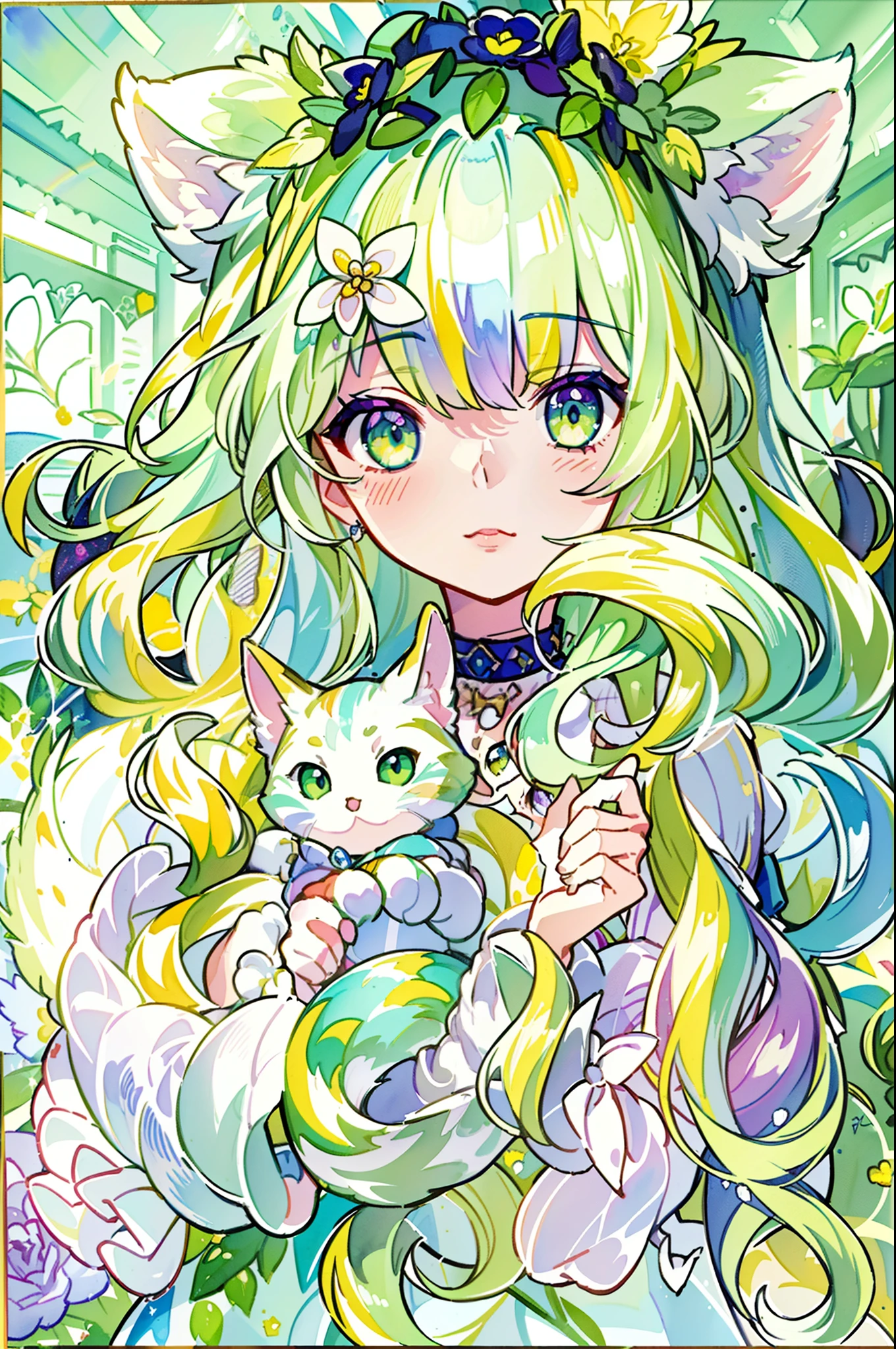 ((Best quality1.2))、((Masterpiece 1.2))、watercolor paiting、((Fashionable clothes))、((Take a cute cat 1.5))、white colors((rainbow-colored hair))