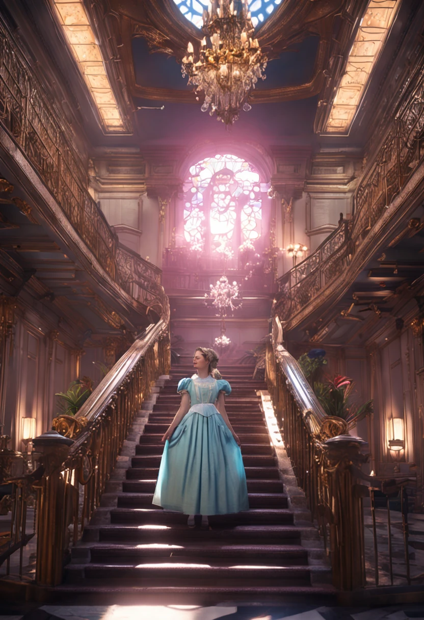 (Best quality, 8k, 32k, Masterpiece, UHD:1.2), "Transform the scene into the whimsical and surreal Wonderland from Tim Burton's Alice in Wonderland movie. Picture a fantastical landscape filled with vibrant colors, twisted shapes, and eccentric details that defy the laws of nature.

The sky is a swirling blend of deep purples and electric blues, dotted with fluffy, oversized clouds. The ground is a patchwork of lush, green meadows and peculiar, brightly colored flowers that seem to have a life of their own. Enormous mushrooms, in a variety of shapes and sizes, tower above, casting curious shadows.

In the distance, you can see the towering, whimsical architecture of the Queen of Hearts' castle, with its heart-shaped turrets and red-and-black color scheme. A winding path, paved with mismatched stones, leads through the landscape, inviting exploration. Along the path, you'll encounter all manner of strange and enchanting creatures, from the mischievous Cheshire Cat, with his wide grin and glowing eyes, to the endearing yet peculiar White Rabbit, always in a hurry.

The trees are gnarled and twisted, with branches that reach out like skeletal hands, some adorned with glowing lanterns and peculiar fruits. The foliage is dense and full of surprises, with occasional glimpses of fantastical creatures peeking through.

The overall atmosphere is one of enchantment and curiosity, with a touch of darkness and mystery, capturing the unique and magical essence of Tim Burton's Wonderland. Every element should be infused with a sense of whimsy and wonder, transforming the setting into a place where the impossible becomes possible." ((up on a balcony))