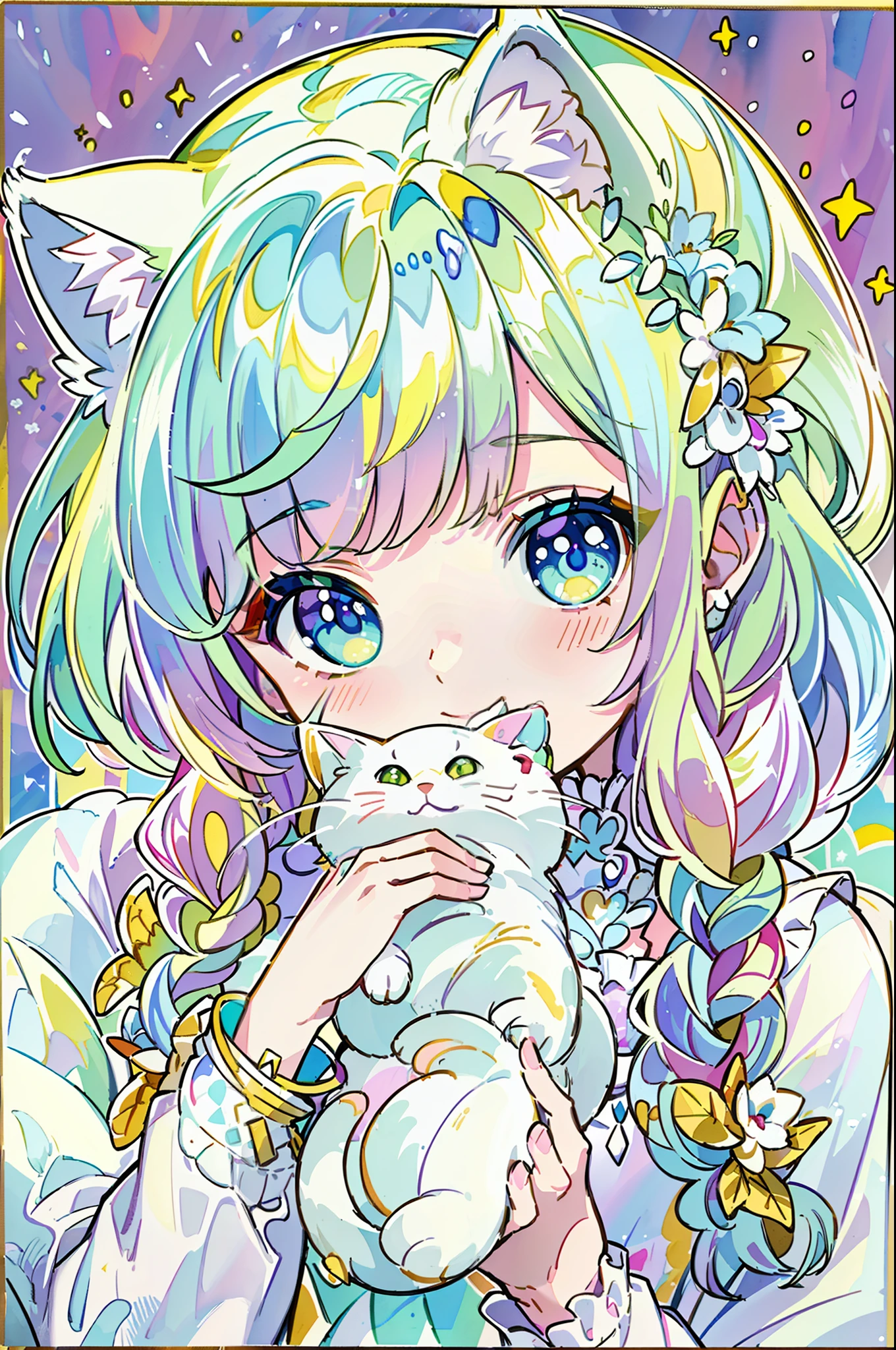 ((Best quality1.2))、((Masterpiece 1.2))、watercolor paiting、((Fashionable clothes))、((Take a cute cat 1.5))、white colors((rainbow-colored hair))