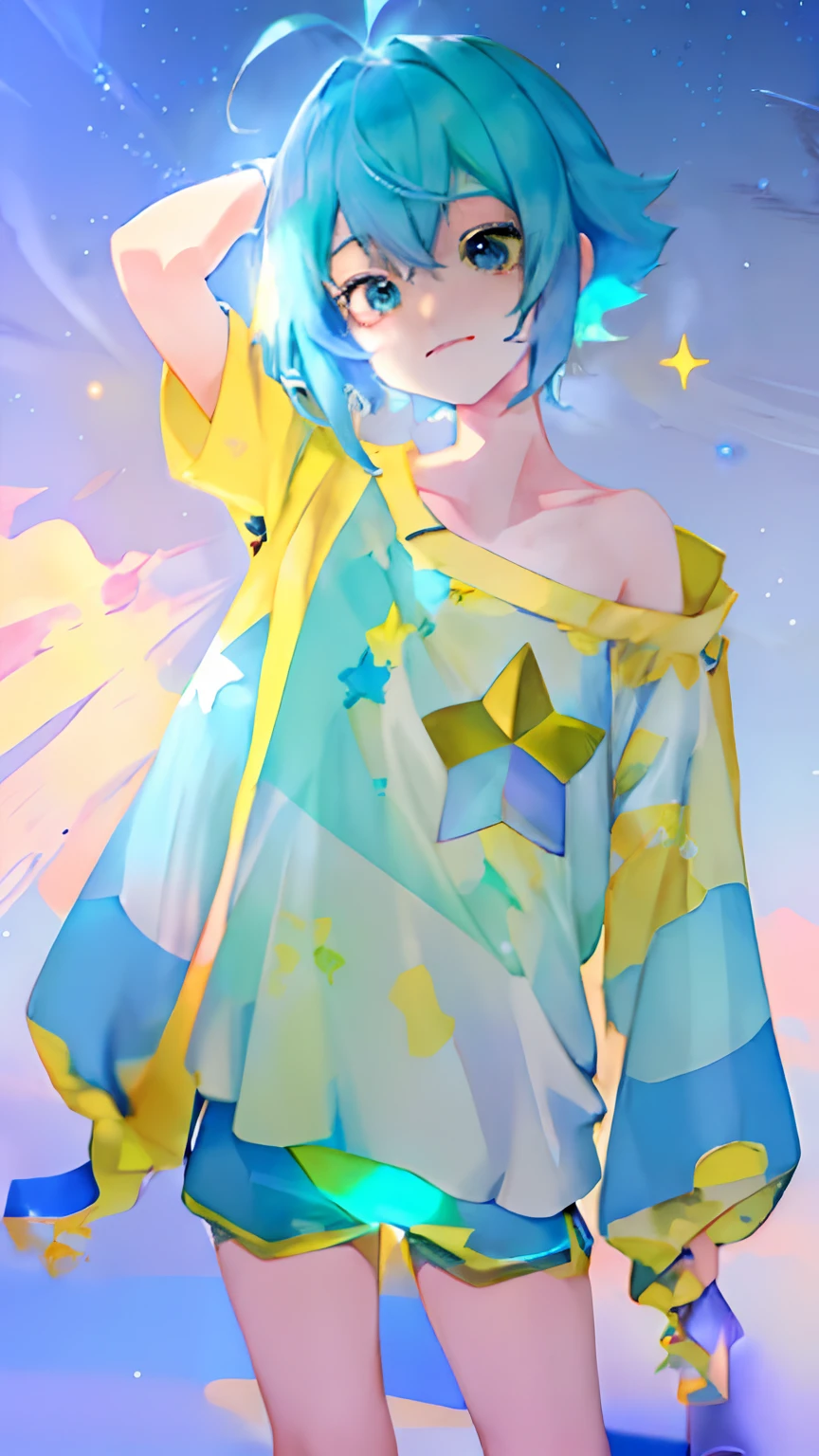 a close up of a person with a blue hair and a yellow shirt, hatsune miku short hair, anime moe artstyle, high quality anime artstyle, anime girl with teal hair, anime girl with cosmic hair, made with anime painter studio, by Kamagurka, anime land of the lustrous, (anime girl), star(sky) starry_sky