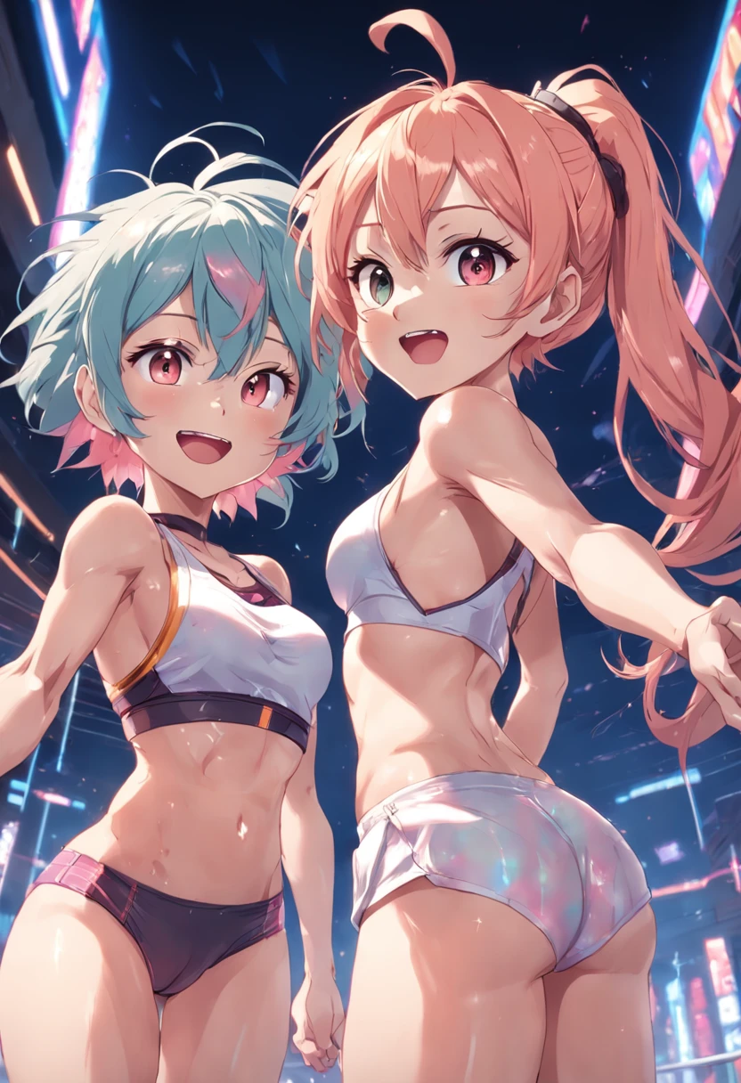 Two young women, (anime), poses de corpo inteiro, exercitando-se intensamente em uma academia, wearing sports bras and floss made of transparent fabric, com suor brilhando em seus corpos. They both have short, messy multicolored hair with smiling faces, and one of them has visible pubic hair. They have toned athletic bodies with slim waists and huge breasts. (mamilo inchado:1.3)