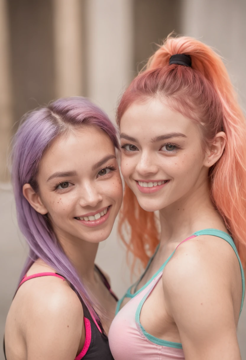 Two young women, (anime), poses de corpo inteiro, exercitando-se intensamente em uma academia, wearing sports bras and floss made of transparent fabric, com suor brilhando em seus corpos. They both have short, messy multicolored hair with smiling faces, and one of them has visible pubic hair. They have toned athletic bodies with slim waists and huge breasts. (mamilo inchado:1.3)