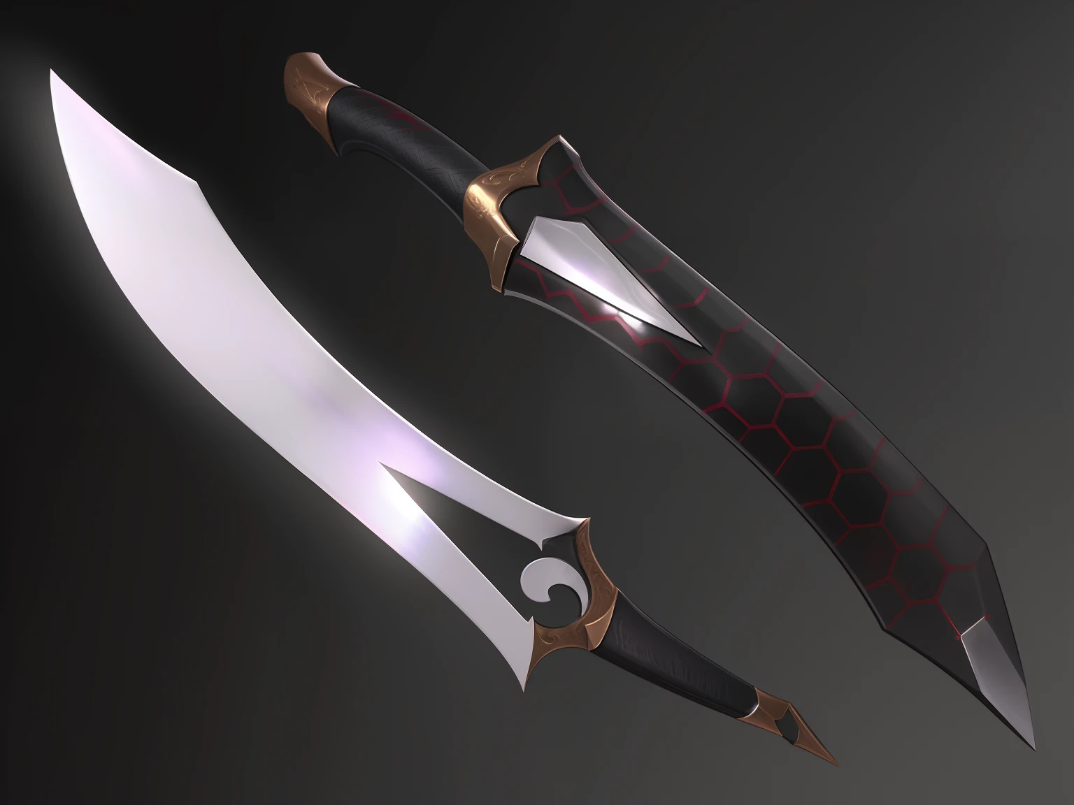 um close up de um par de espadas com um fundo preto, Blade design, design de espada, raytraced blade, war blade weapon, style of ghost blade, design de armas, sci-fi Espada, holographic blade!, arte da arma do RPG de fantasia, espada curva, fantasy blade, arma de fantasia, design de foice, epic fantasy weapon art, Espada Brilhante, espada de fantasia