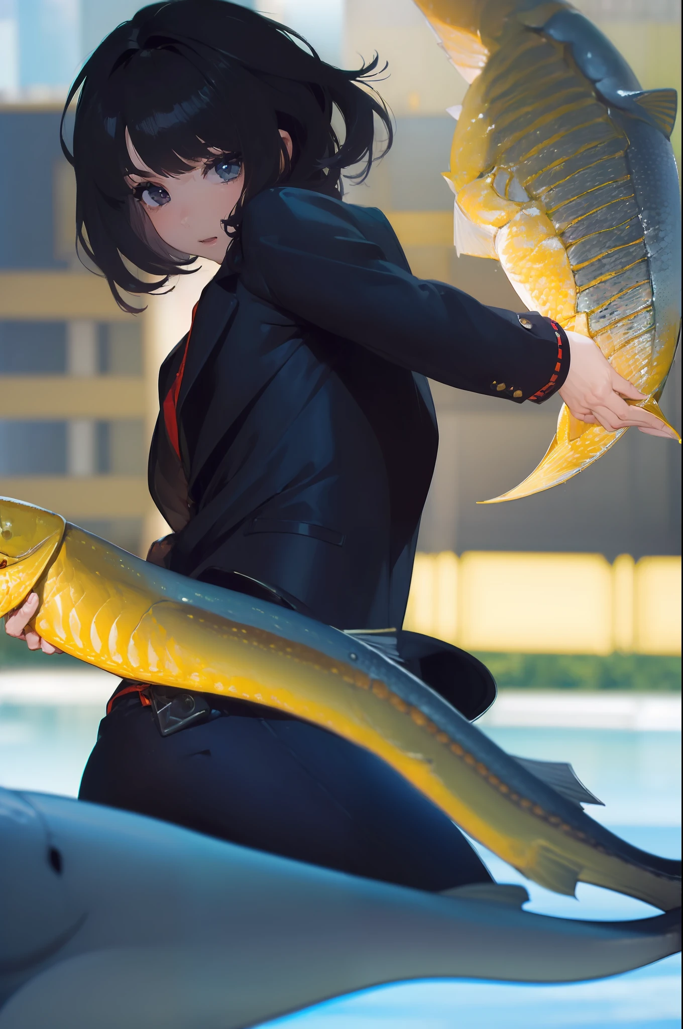 ((((Catching a big fish by the lakeside:1.5)))),((Female 28 years old)),((Best Quality:1.5)),(((Hands with the correct number and structure of fingers:1.4))),((Big fish:1.37)),hight resolution,ultra-detailliert,masterpiece,best qualtiy,Eight-headed body,Black hair, long eyeslashes, Solid Circle Eyes, drop shadow, Atmospheric perspective,Super Detail, ccurate, small brest,(Black jacket and black jeans :1.1),top-quality, blurry backround, bokeh dof:1.2, (masterpiece:1.3), Atmospheric perspective,Super Detail,dynamic compositions,top-quality、Very beautiful CG、finely detail、