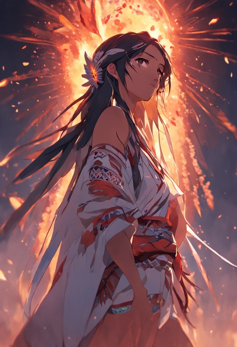 ultra detailed artistic photography, Native American beautiful Apache female, tee pee, moonlight, fire pit, feathers, sexy, dreamy, glowing, backlit, shadows, oil on canvas, smooth, ultra high definition, 8k, ultra sharp focus, intricate artwork masterpiece, flowy outfit, highly detailed, vibrant, production cinematic character render, ultra high quality model
