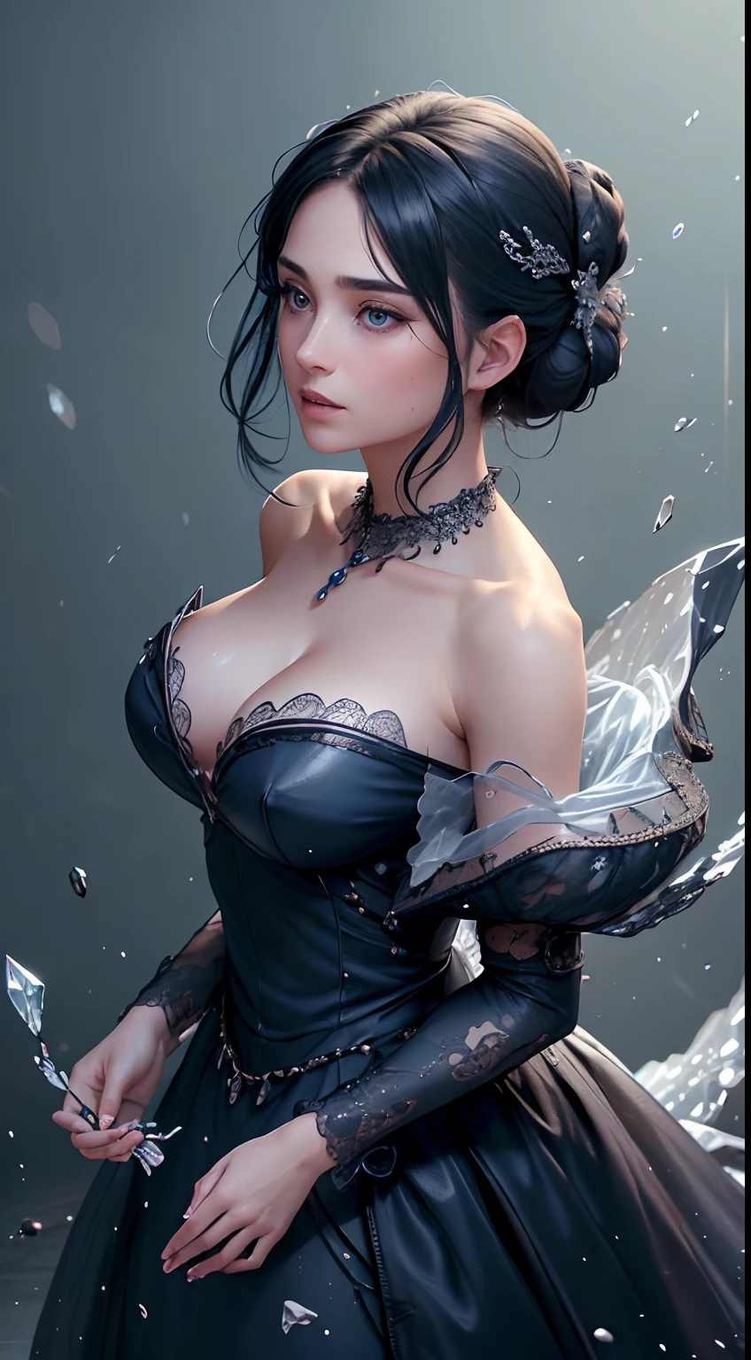 ( absurdly , hiquality , Ultra Detailed ) ,( The hand is in the details ) , 1girl, 独奏, Mature, (The hair is gathered in a neat bun, Dark blue hair is almost black), Beautiful crystal blue eyes ( The eye is detailed ) baroque, gotik, ruby necklace, Long closed dress, long sleeve, elegant, highest detail, The whole body is in full growth , soft-lighting, Masterpiece, Best Quality, Intricate, particle fx, Highly detailed, Concept art, Smooth, dramatic lighting, ghotic, highly detailed artwork, Cinematic, hyper-realistic painting, High detail of emotions, sorrow.