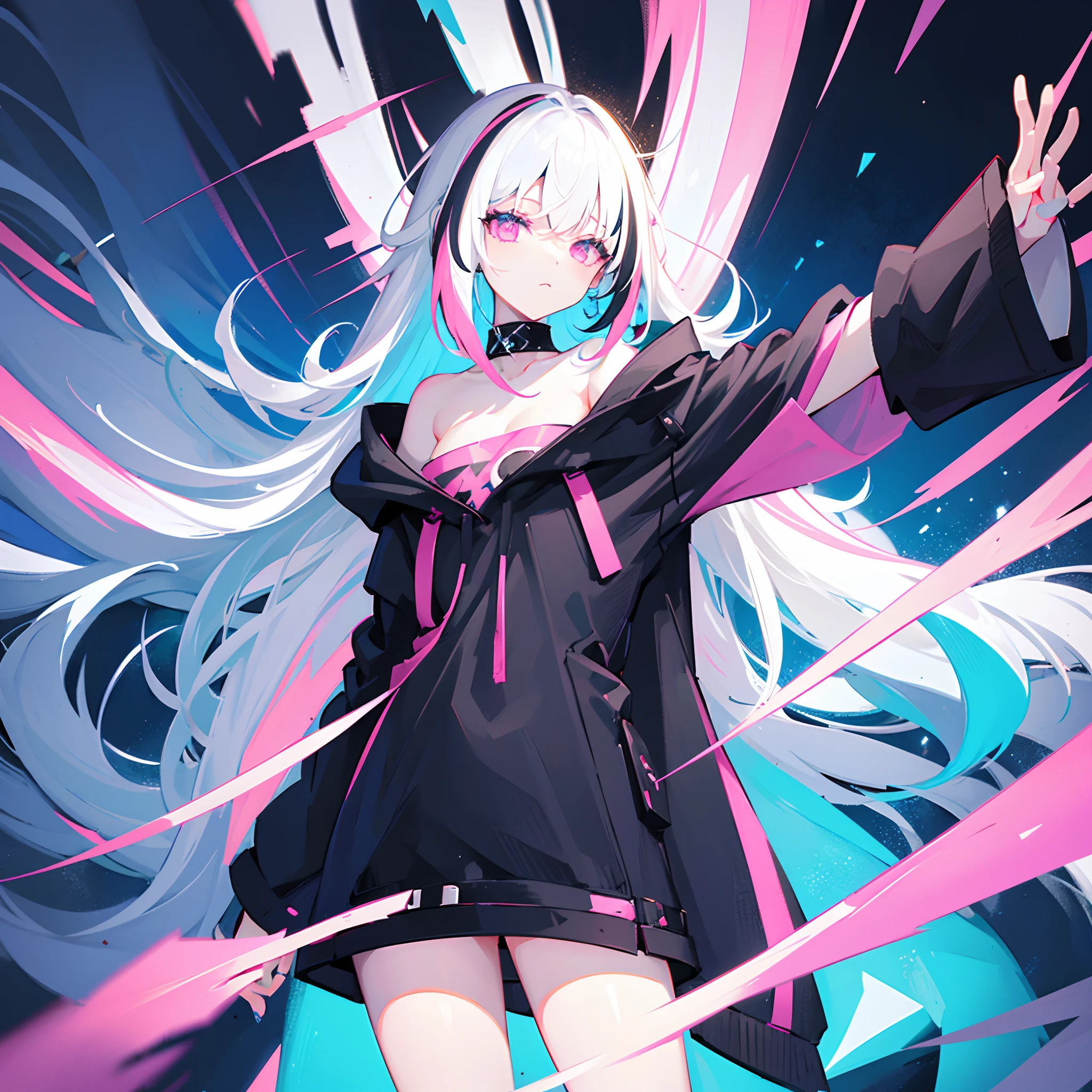 "Low angle, 1 girl with white hair, black fringe, and multicolored hair, pink eyes, wearing an oversized tunic and a tattered black coat, with blue and azure skin, and starry skin."