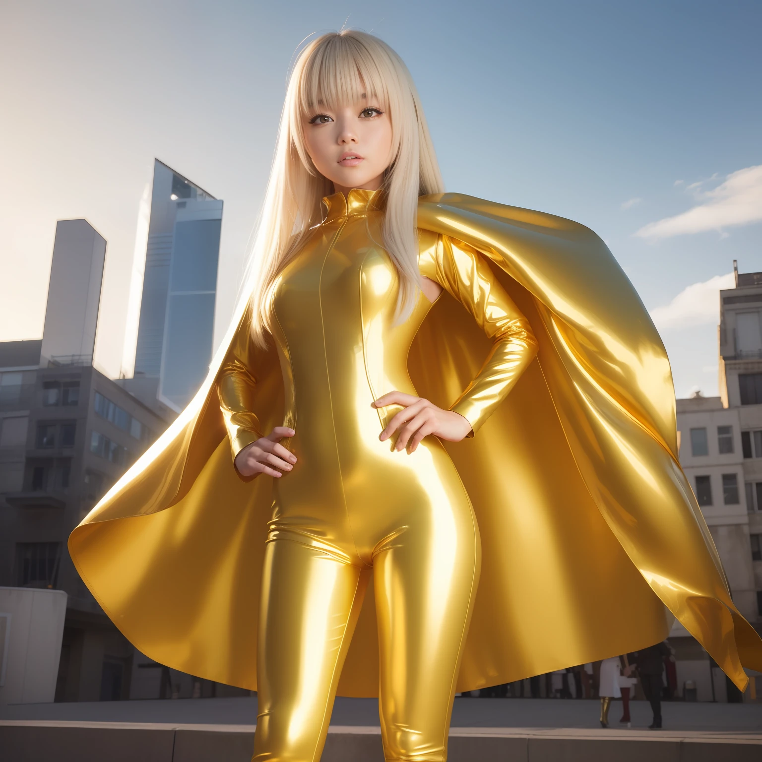 masutepiece,A hyper-realistic,32K,the Extremely Detailed CG Unity 8K Wallpapers, Best Quality,girl,(Wearing a  golden metallic classic maid suit:1.3),(White Long Latex Boots:1.2),Rainbow Twin Tail Hair,Full body shot,In front of the city,A smile,Open mouth,Details in the mouth,(Standing with hands on his hip:1.2),wearing golden latex cape