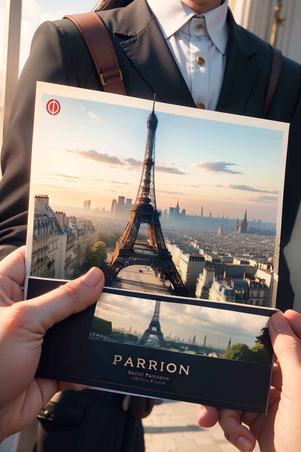 Make a person holding a postcard, A postcard of Paris, Have the person show this card to someone