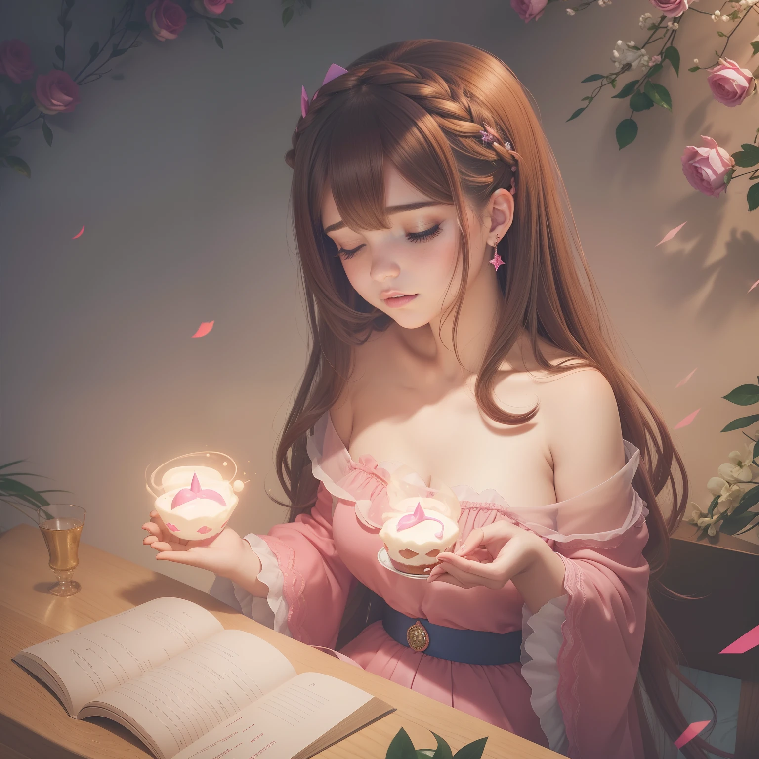 ((Mabel pines ))) adulta, cabello marron desordenado , ondulado, labios rosas brillantes medio abiertos, durmiendo en la mesa, cabeza apoyada en los brazos, oscuridad absoluta, luz dramatica desde arriba , luz rosa alrededor de ella