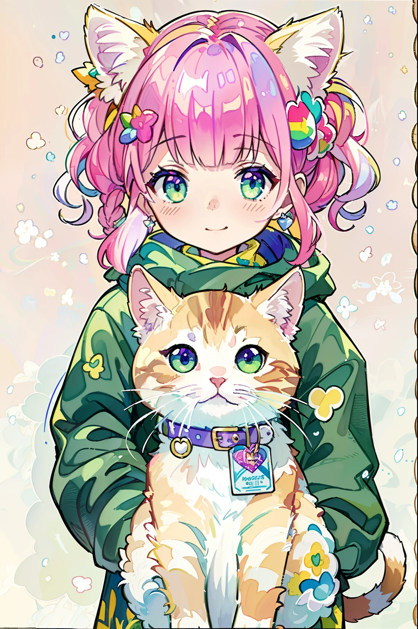 ((Best quality1.2))、((Masterpiece 1.2))、watercolor paiting、((Fashionable clothes))、((Take a cute cat 1.5))、pinkcolor((rainbow-colored hair))