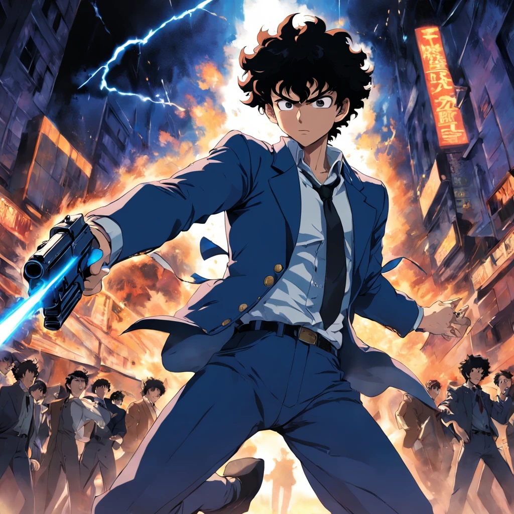 (((obra-prima))), qualidade excepcional, Ultra-detailed illustration, dynamic picture, Spike Spiegel, pistola, intense action scene.
(Remarks) Expanded upon the given prompt by adding more descriptive tags and emphasizing the dynamic action scene involving Spike Spiegel and his gun.