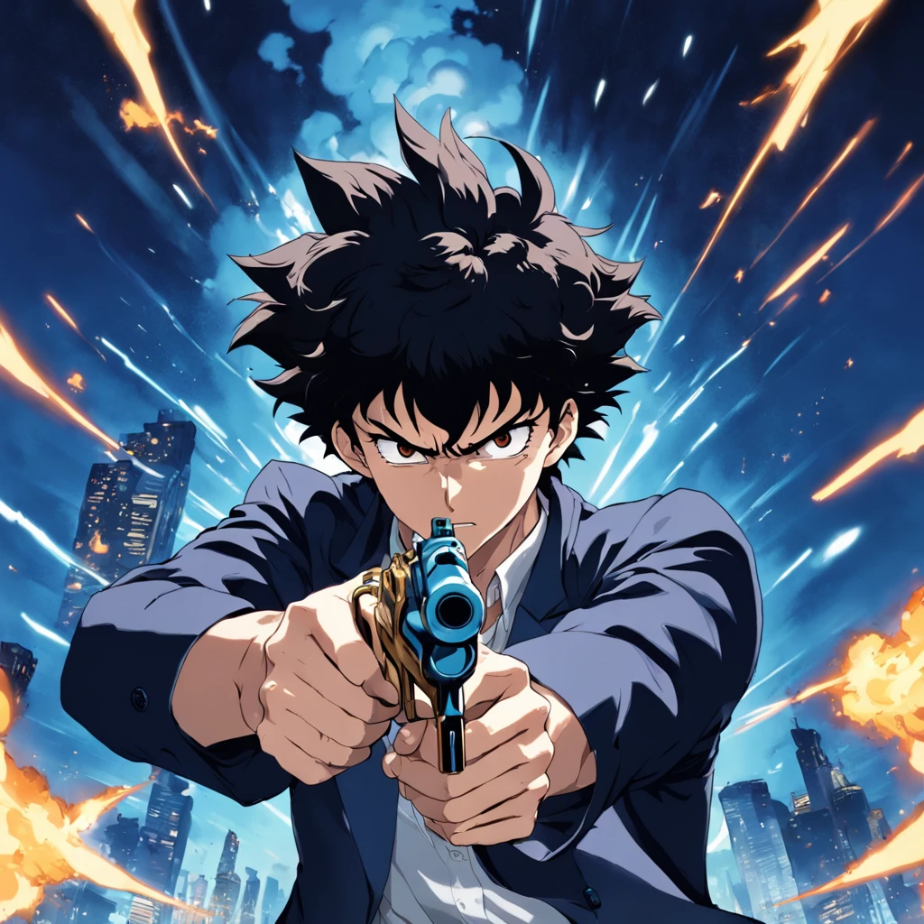 (((obra-prima))), qualidade excepcional, Ultra-detailed illustration, dynamic picture, Spike Spiegel, pistola, intense action scene.
(Remarks) Expanded upon the given prompt by adding more descriptive tags and emphasizing the dynamic action scene involving Spike Spiegel and his gun.