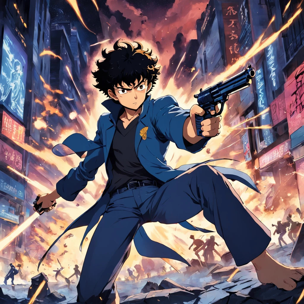 (((obra-prima))), qualidade excepcional, Ultra-detailed illustration, dynamic picture, Spike Spiegel, pistola, intense action scene.
(Remarks) Expanded upon the given prompt by adding more descriptive tags and emphasizing the dynamic action scene involving Spike Spiegel and his gun.