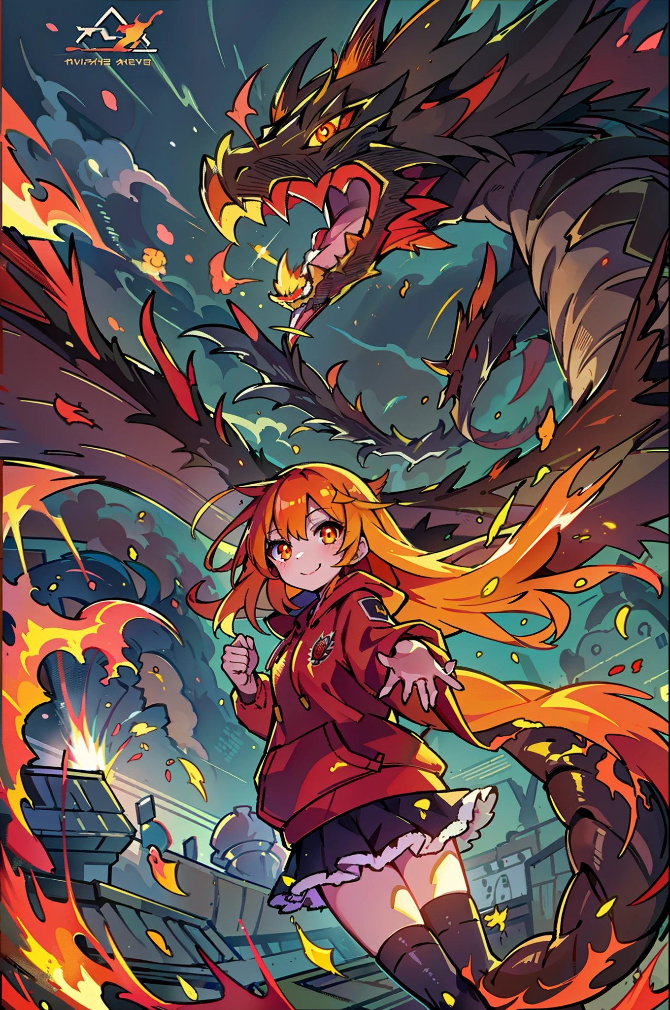 Best Quality, masutepiece, 超A high resolution, 1 girl, Long hair, Orange hair, Cute smile, Casual wear, Red hoodie, Fire effects, Dragon wings, Glowing orange eyes