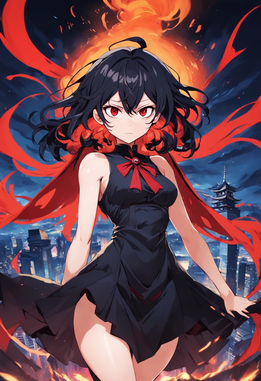Um retrato impressionante de Matoi Ryuko, a protagonista feminina vestindo um elegante vestido preto. His eyes are intensely red, emanando uma aura misteriosa. His facial expression combines determination and mystery. The scenery around her is a dark mystery, com sombras profundas que escondem detalhes sutis. The environment is a mix between a dark alley and an extravagant room with bold design elements. The mood is tense and intriguing, making the viewer question the story behind the scene. The atmosphere is loaded with undisclosed secrets and a sense of urgency. The stylization is a fusion between the art style of "Persona 5" e elementos originais. The illustration will be created digitally, using brushes and textures that accentuate the contrasts between light and shadow. --ar 16:9 --v 5
