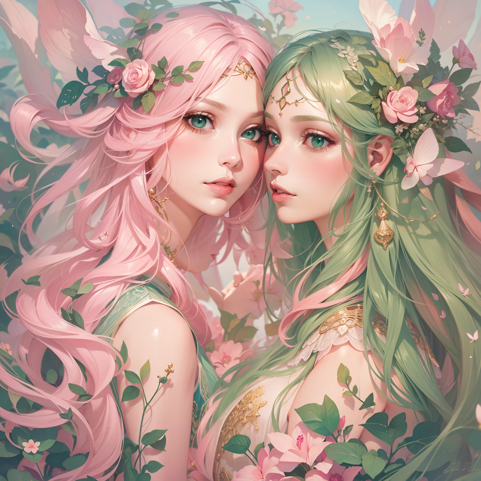 adesivo, fundo simples, portrait, 2 girls, couple, girl with long hair, beautiful fairy girl, fairy aesthetic, beautiful girl, very beautiful fantasy art, beautiful and elegant female fairy, beautiful detailed fantasy, pink and green color palate, pink color-theme