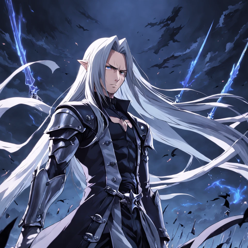 ((best quality, high resolution)), uma arte detalhada de Sephiroth, sobretudo preto, envolto em chamas, estilo final fantasy.