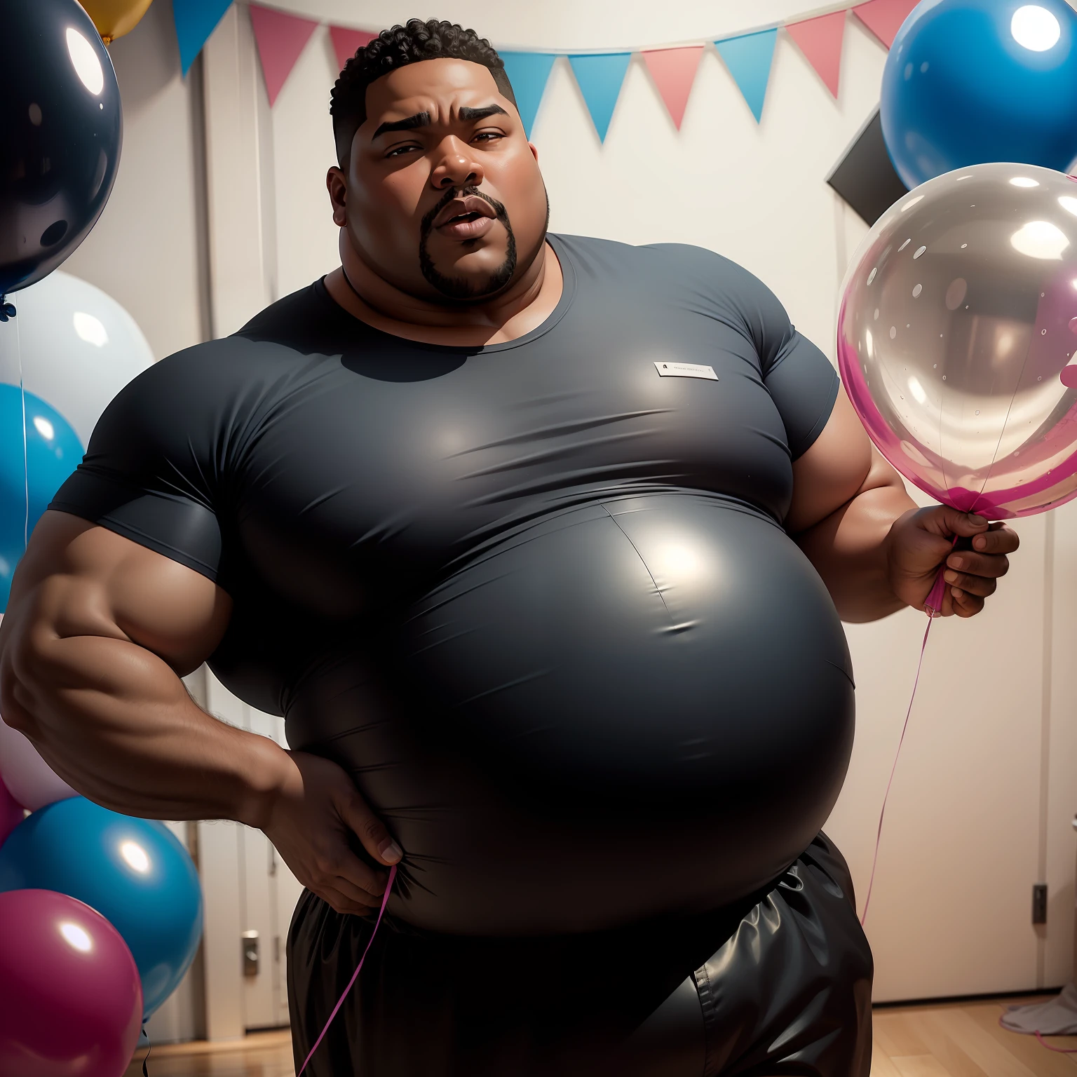 Black fat man at a birthday party holding a large bladder balloon portrait