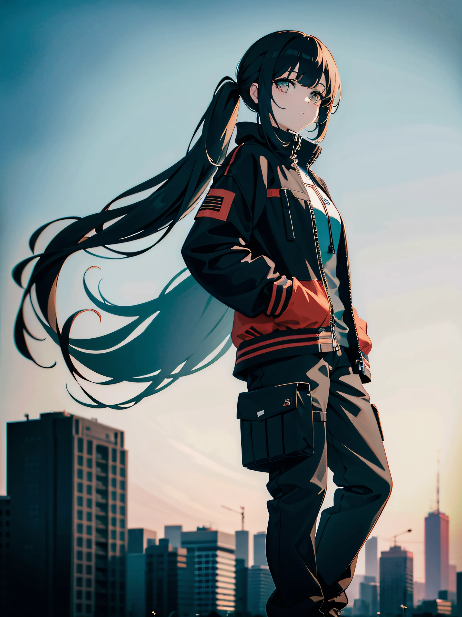 1girl, long teal hair, 2ponytails, straight bangs, white eyes, wearing salmon techwear shirt, black techwear jacket, black techwear cargo pants, boots, cybepunk city, absurdres, high res, ultrasharp, 8K, masterpiece, looking at viever