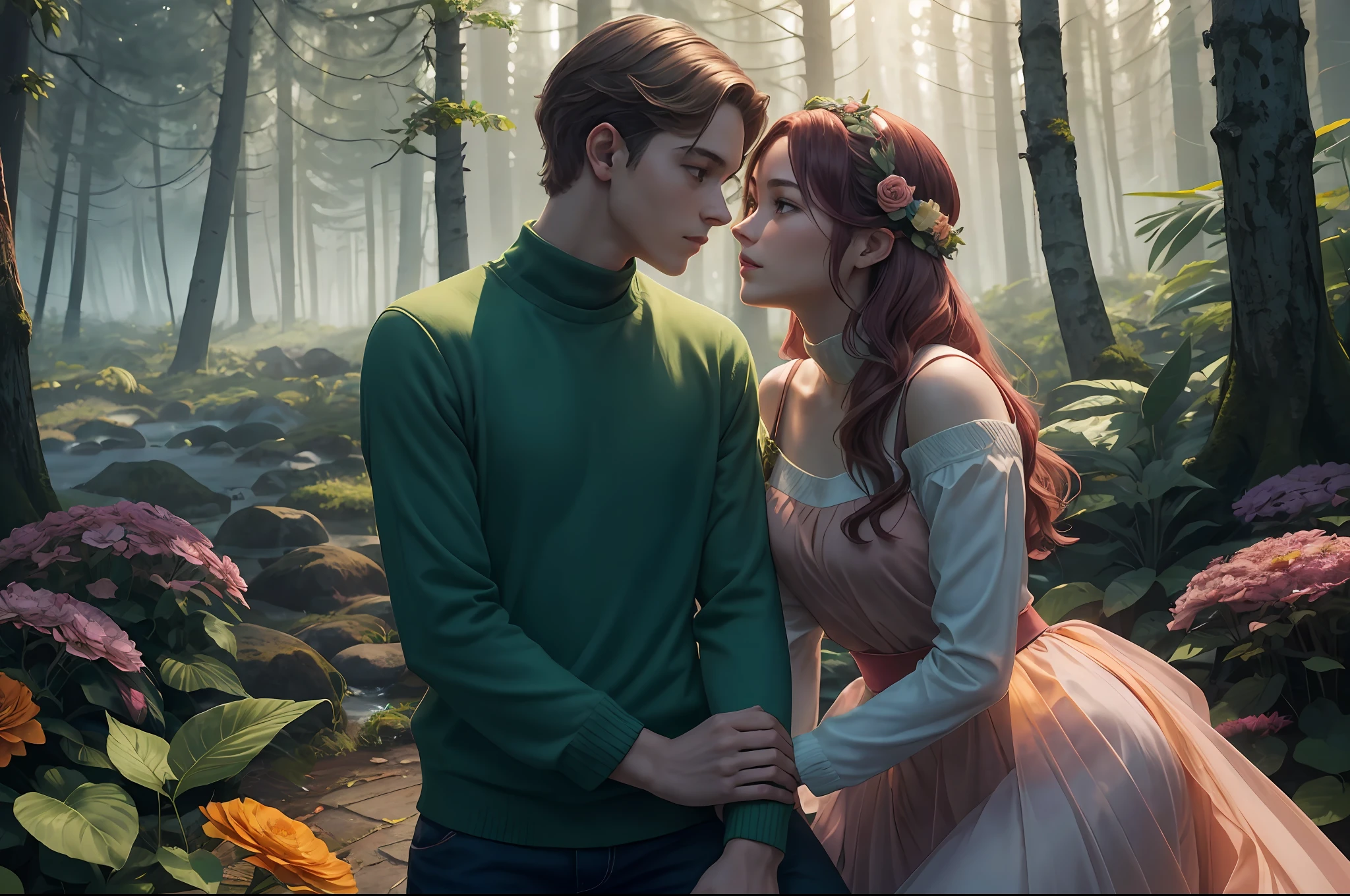 Young woman and young man leaning to each other like a Piscis sign, merging with flowers and leaves, swirl of colours, palette of forest green, tart orange, russet, burgundy, taupe, cerulean, Nadeshiko pink, aqua. Foggy forest. Illuminated by natural sunlight. D