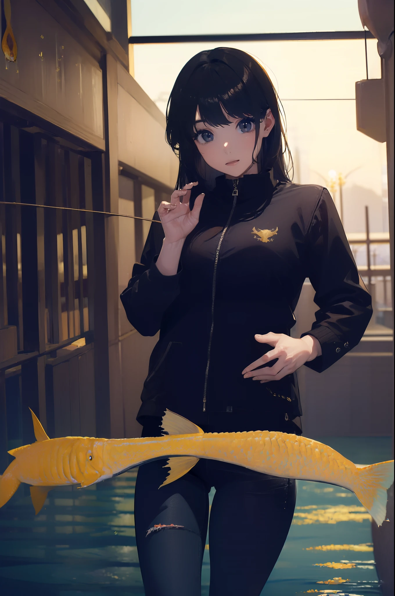 ((((Catching a big fish by the lakeside:1.5)))),((Female 28 years old)),((Best Quality:1.5)),(((Hands with the correct number and structure of fingers:1.4))),((Big fish:1.37)),hight resolution,ultra-detailliert,​masterpiece,best qualtiy,Eight-headed body,Black hair, long eyeslashes, Solid Circle Eyes, drop shadow, Atmospheric perspective,Super Detail, ccurate, small brest,(Black jacket and black jeans :1.1),top-quality, blurry backround, bokeh dof:1.2, (​masterpiece:1.3),  Atmospheric perspective,Super Detail,dynamic compositions,top-quality、​Very beautiful CG、finely detail、
