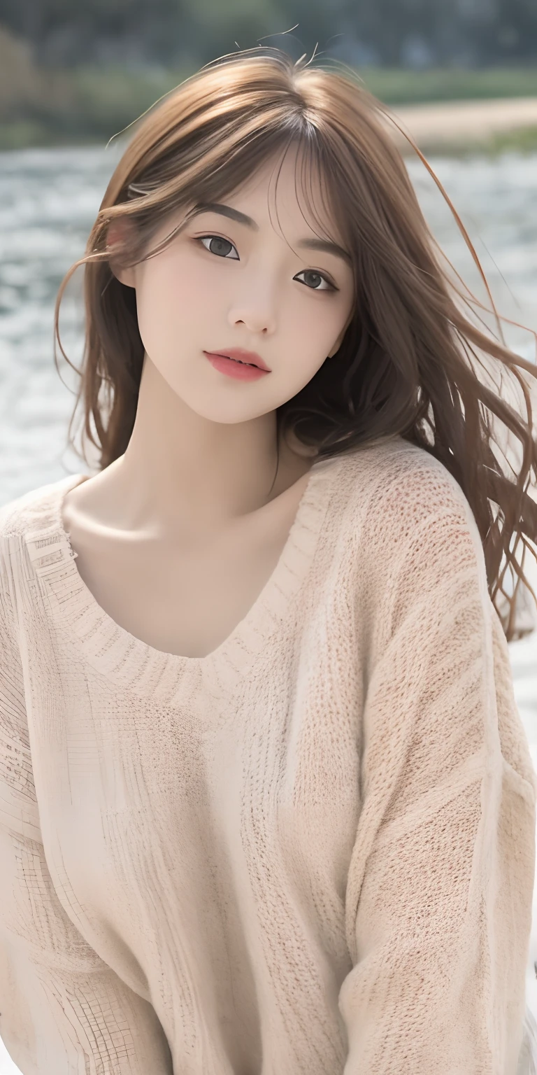 1girl walking on the river, mix4, sweater, pillow, lips, open_mouth, realistic, photo_\(medium\), solo, stuffed_animal, stuffed_toy, teddy_bear,(masterpiece),(photorealistic:1.3), ultra-detailed, (high detailed skin:1.2),(best quality:1.0), (ultra highres:1.0), (ulzzang-6500:0.3), wavy detailed hair, long hair, sunshine, (beautiful detailed makeup), (sexually aroused blushing heavy breathing:1.0), floral theme flower petals scattered, (soft glow bloom:0.5)
