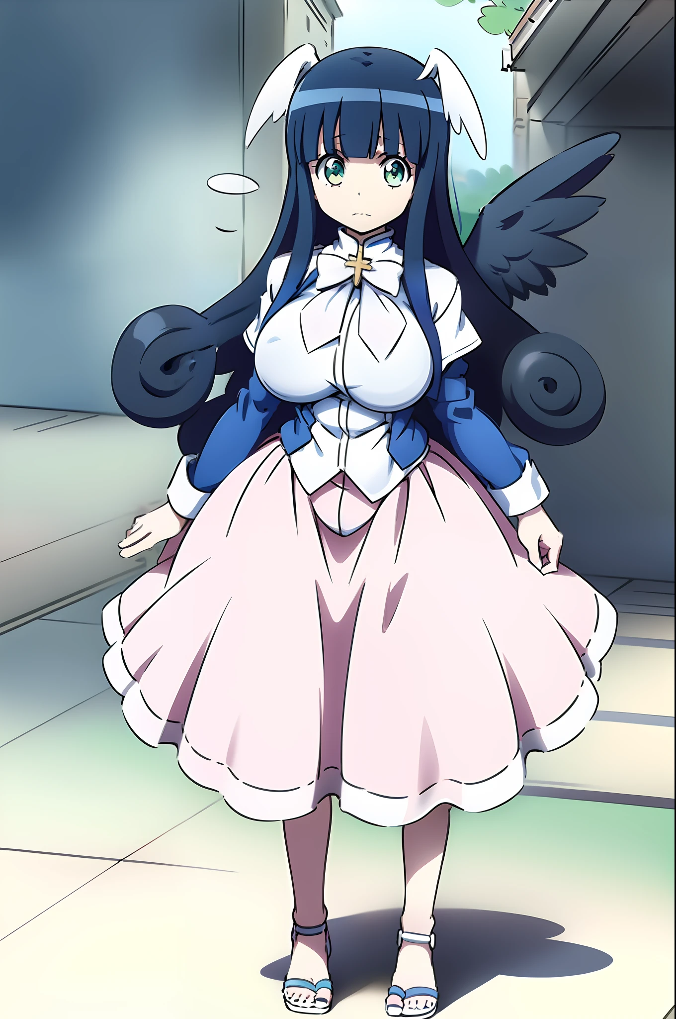 poporon \(jashin-chan dropkick\), huge breast, full clothed, closed vest, closed pullover, angel wings, long skirt, large skirt, flipflops, flyieng, full body, flipflops, very long skirt, black hair